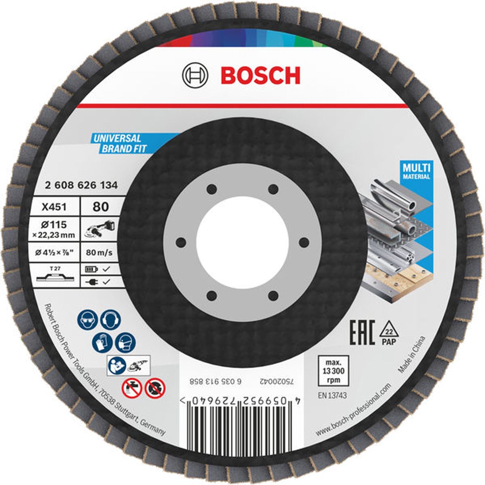 BOSCH Schleifscheibe Bosch X451 Fächerschleifscheibe, 115 x 22,23 mm, K80, Z27, 15-tlg