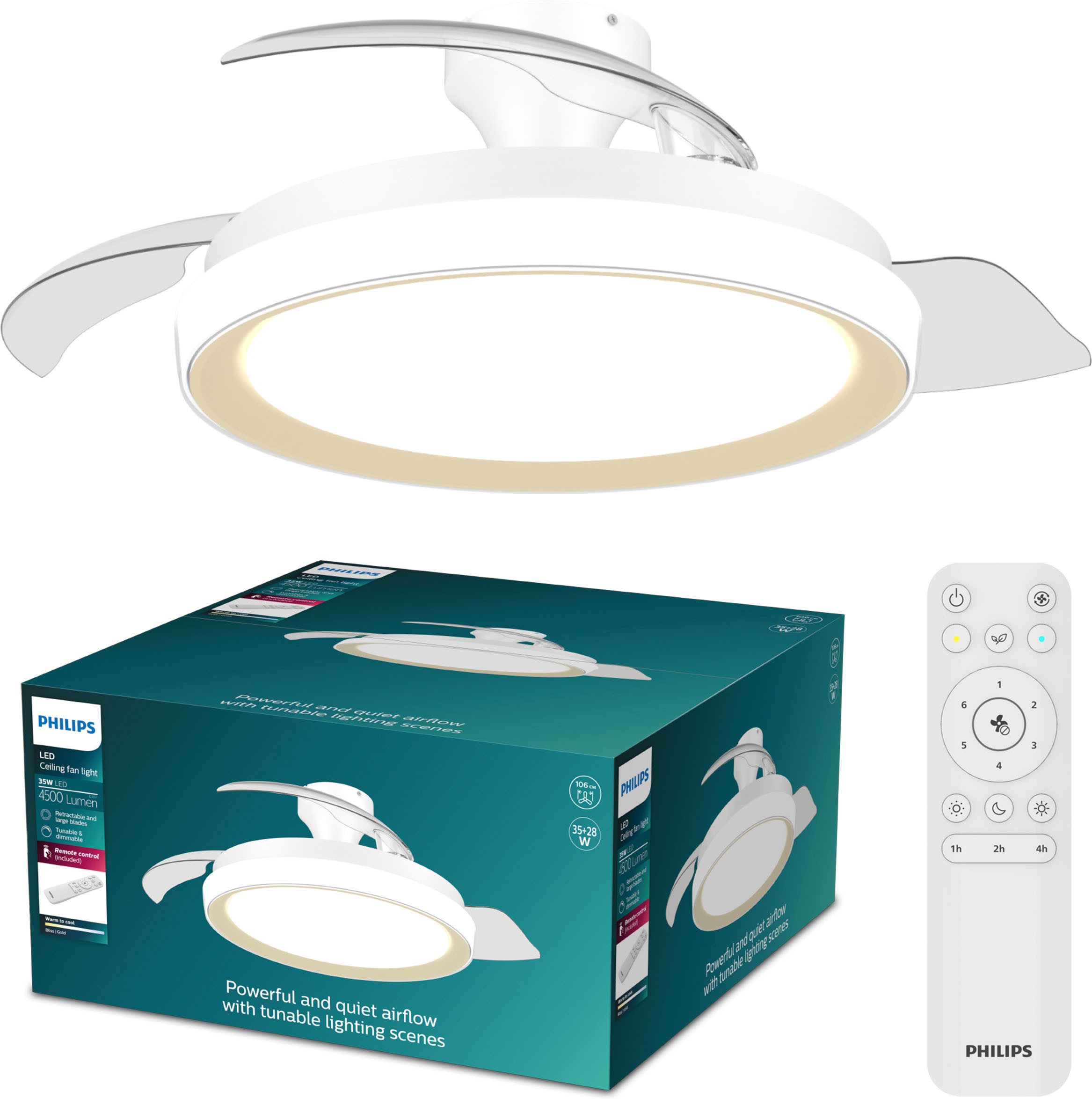 Philips LED Deckenleuchte Bliss 35W DC-Ventilator 28W, einziehbare Rotorblätter, Glitzeroptik, CCT - über Fernbedienung, Dimmer, Dimmfunktion, Ein-/Ausschalter, Farbsteuerung, Fernbedienung, Infrarot inkl., Memoryfunktion, Ventilatorfunktion, dimmbar über Fernbedienung, mehrere Helligkeitsstufen, LED fest integriert, warmweiß - kaltweiß, 2700-6500 Kelvin, dimmbar mit Fernbedienung, 4500 Lumen