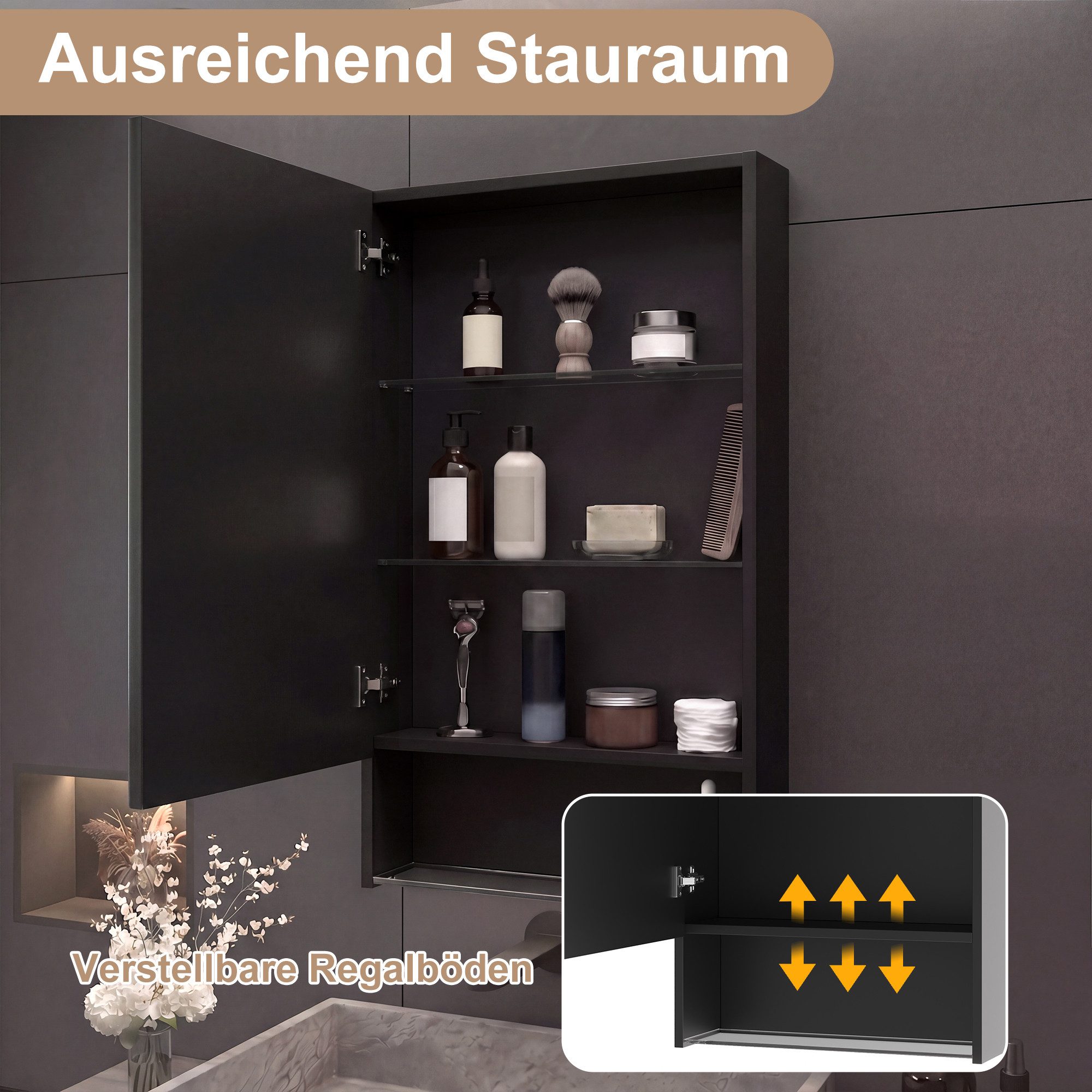 Furnishings Home Badezimmerspiegelschrank Spiegelschrank Wandschrank Hängeschrank (1-St., Drei einstellbare Lichtfarbtemperaturen) inkl. LED-Beleuchtung, Touchschalter, Beschlagfrei, Offene Staufächer