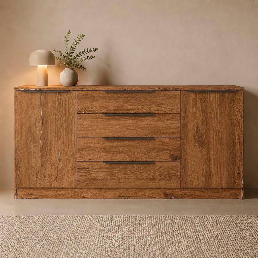 borchardt Möbel Sideboard Tom, moderne Kommode mit dunklen Metallgriffen, 166cm, 2 Türen 4 Schubfächer, variable Einlegeböden, viel Stauraum