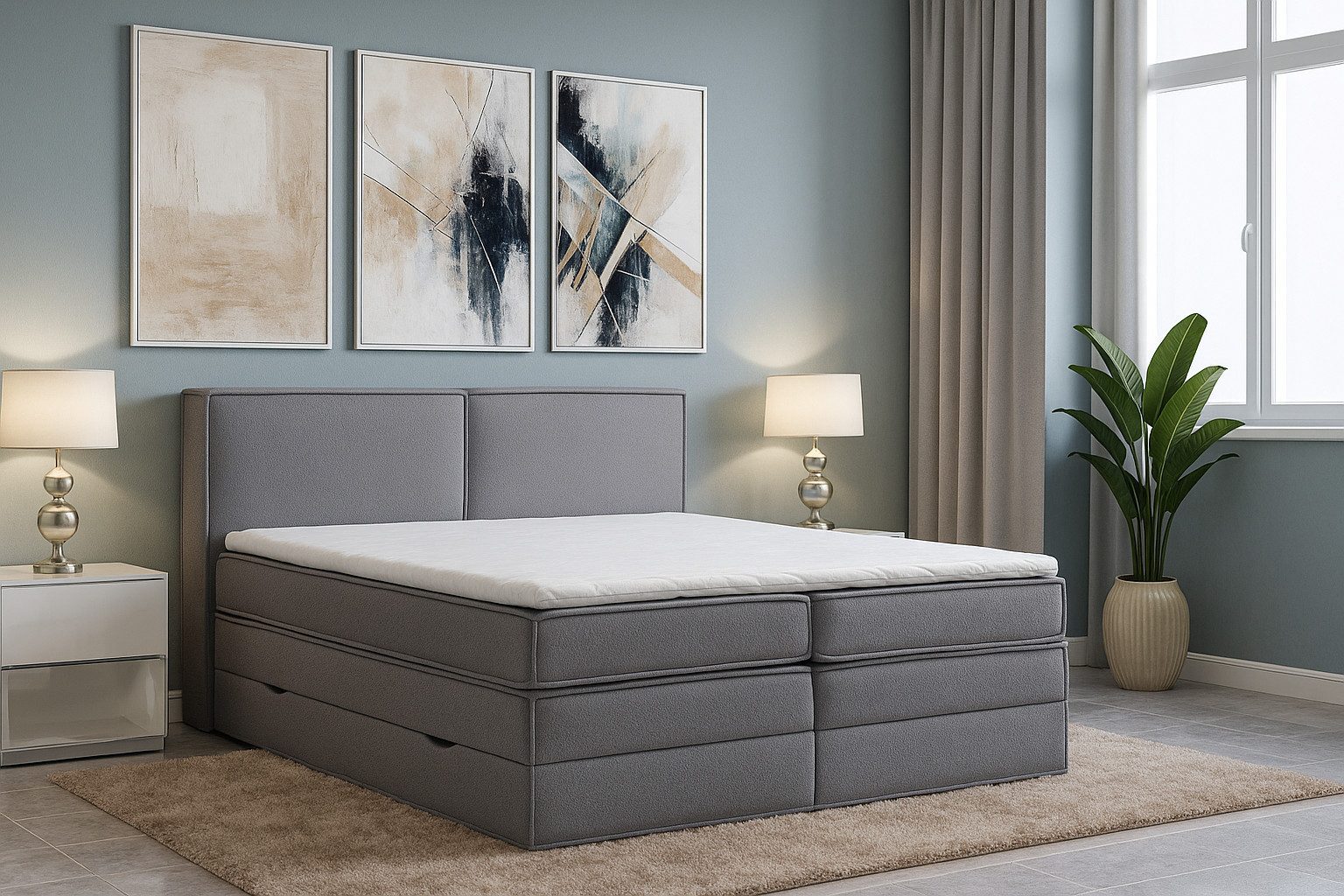 M-Punkt24 Boxspringbett KAIRO (140 x 200 cm, Boucle` Anthrazit), mit Visco Topper Bett Bettkasten Taschenfederkern