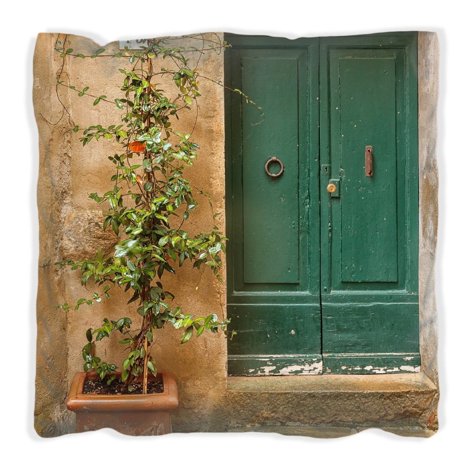 Steintreppe, Holz-Tür handgenäht in mit und Dekokissen Grüne alte Steinwand Toskana alter Wallario