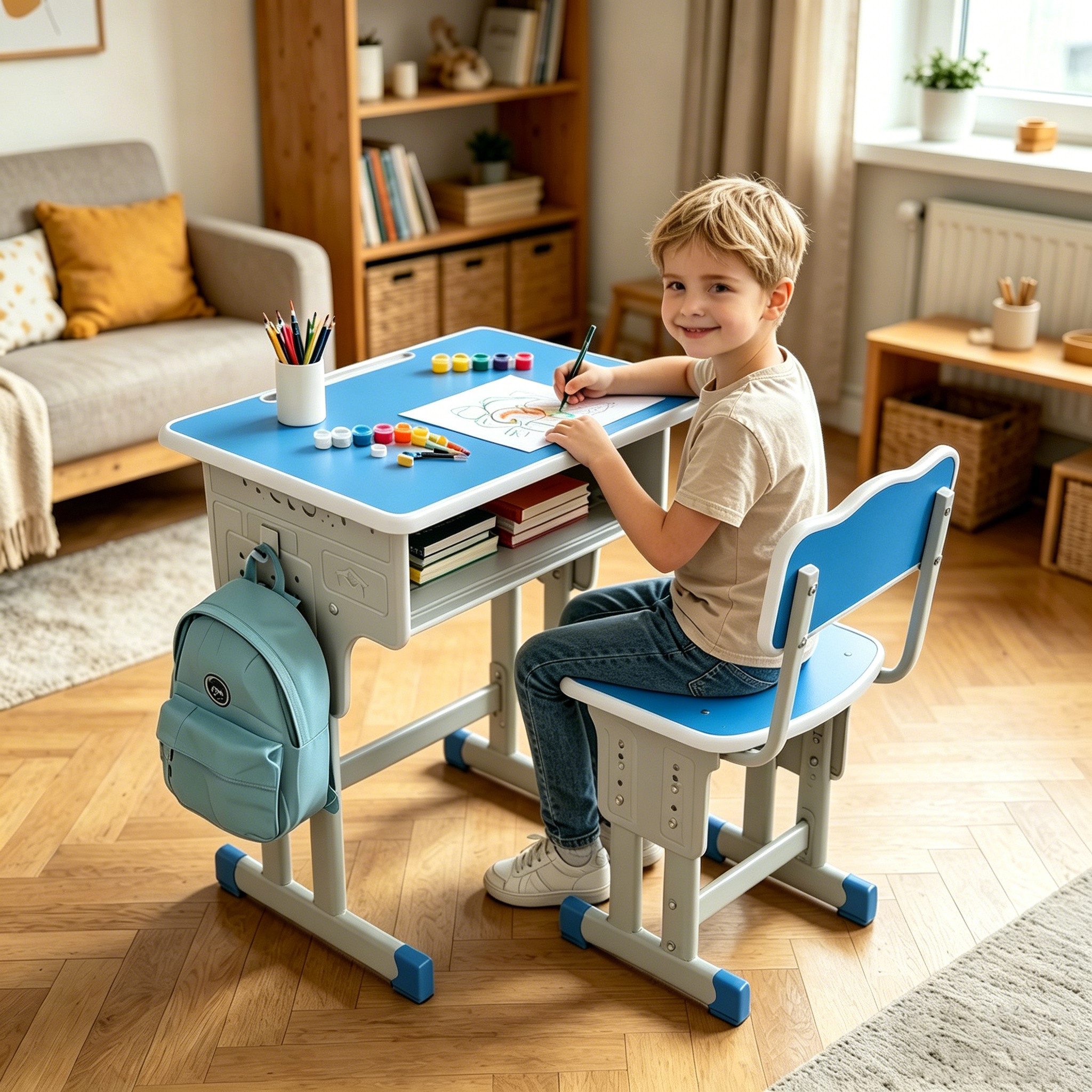 BBG Kinderschreibtisch Höhenverstellbares Kinder Schreibtisch Set mit Stuhl (Ergonomischer Lerntisch 60x40 cm, 4-Stufen Höhenverstellung, Ein Tisch, ein Stuhl), – Bild 3 von 5