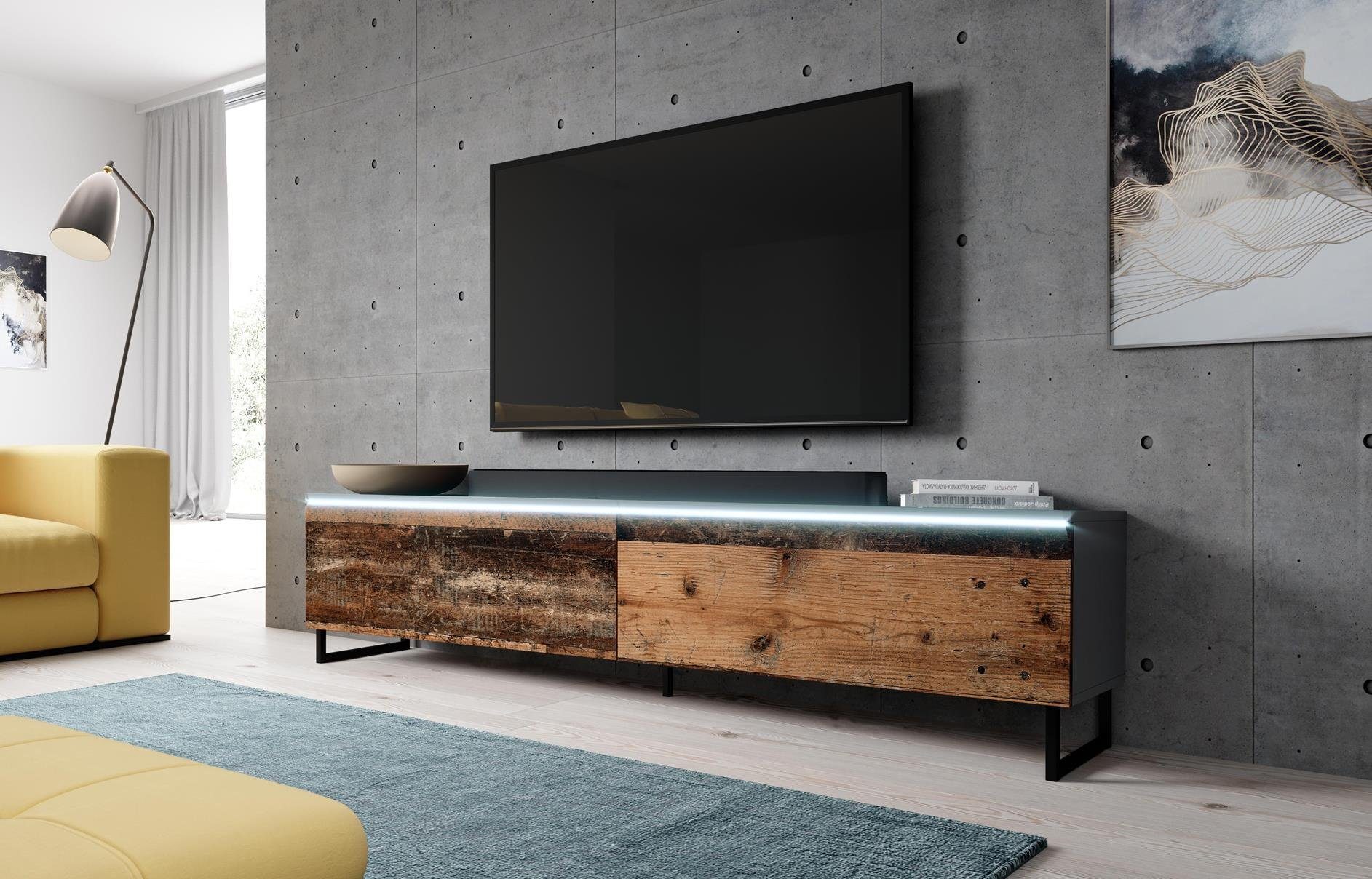 Furnix TV-Board BARGO TV-Schrank mit Metallfüßen OHNE LED, B180 x H34 x T32 cm Anthrazit/old wood