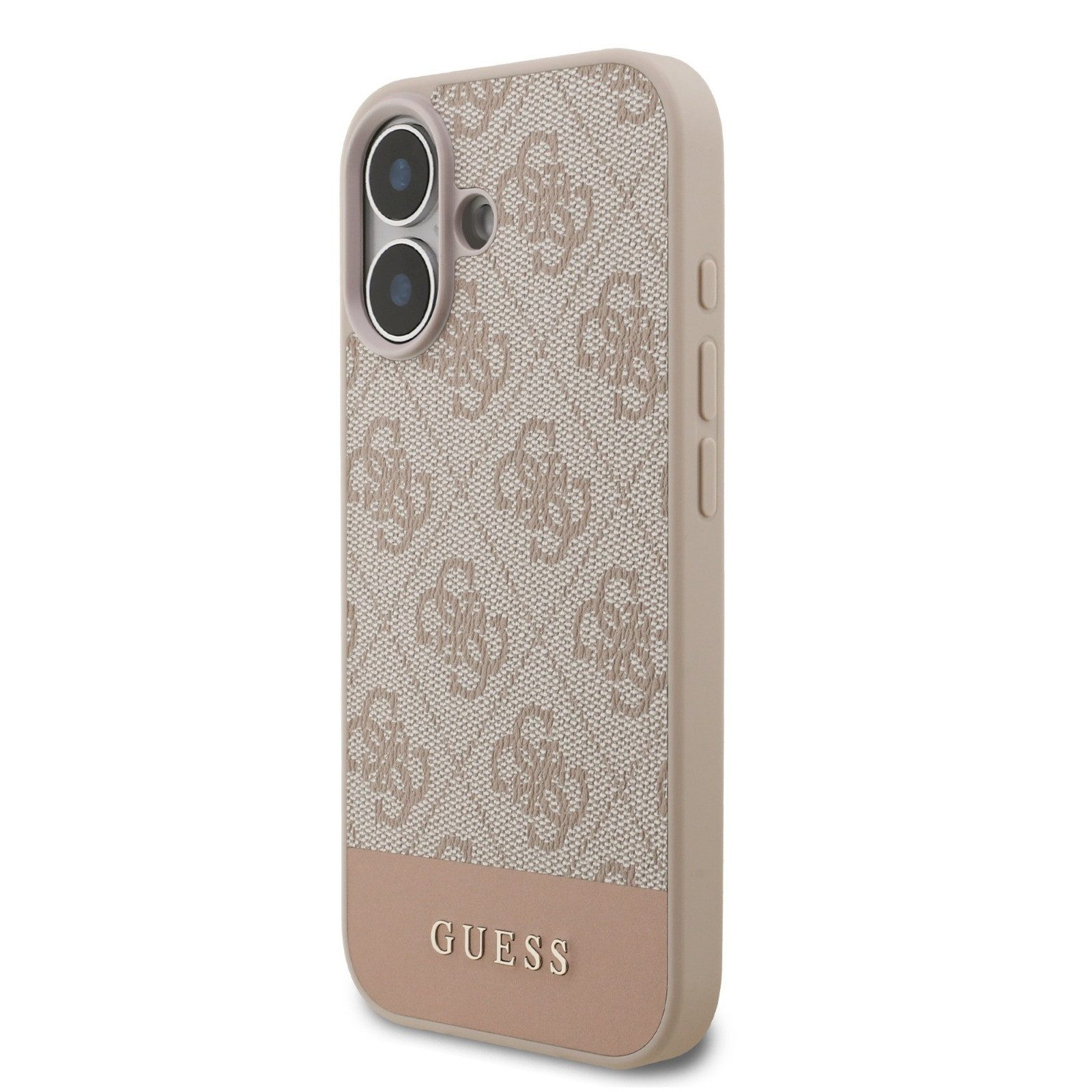 Guess Handyhülle Case iPhone 17 Classic Kunstleder rosa Muster Logo goldfarbig 6,3 Zoll, Kantenschutz