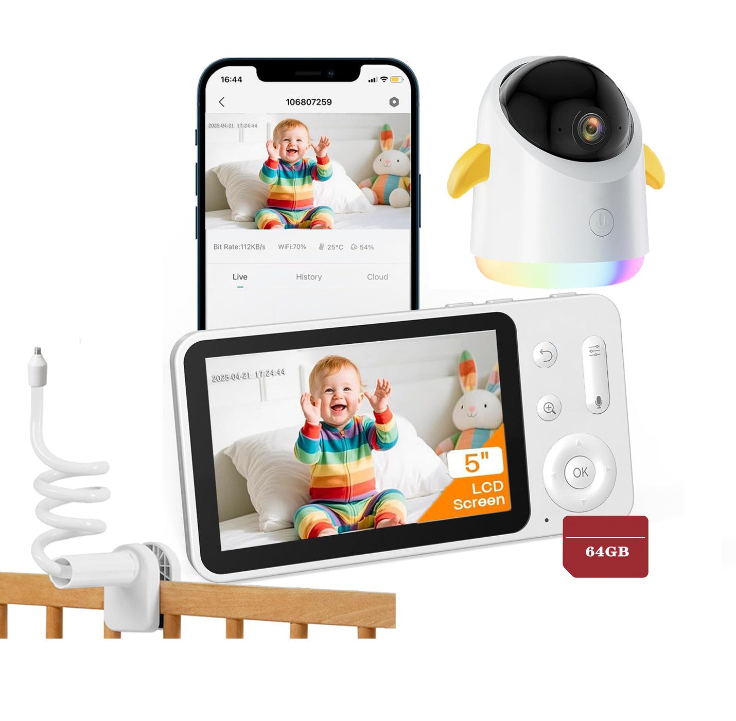 Video-Babyphone 2K/5,0 Zoll WLAN Babyphone mit Kamera und App IR/RBG Nachtsicht