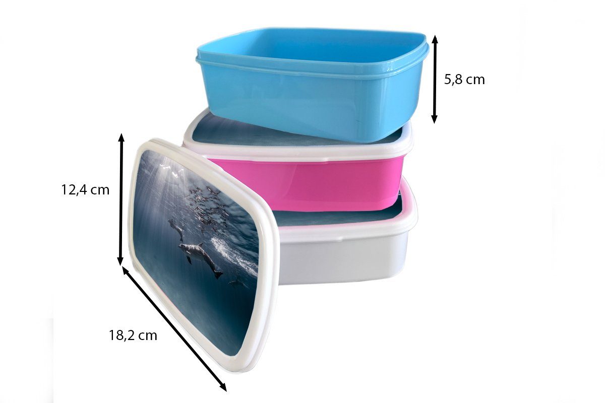MuchoWow Lunchbox Sonne Erwachsene, - - für Kinder, Kunststoff Brotbox rosa Kunststoff, (2-tlg), Brotdose Meer, Snackbox, Mädchen, Delfin
