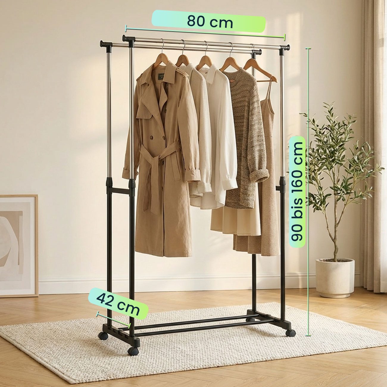 shop'n smile ideoon Kleiderständer Mobiler Kleiderständer Doppelstange B 80 cm Höhenverstellbar 90-160cm, Fahrbare Doppel-Kleiderstange, mit Schuhablage, 80 x 9 – Bild 3 von 5