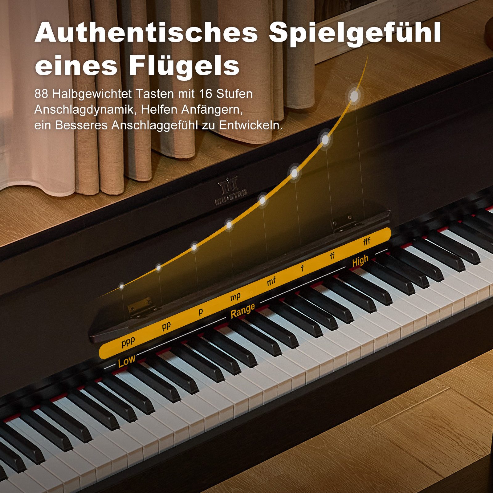 MUSTAR Digitalpiano mit Bluetooth, 3 Pedalen & Stereolautsprechern, 88 Tasten (1-St), Aufzeichnung, Halb-offene Abdeckung, Halbgewichtete Tasten