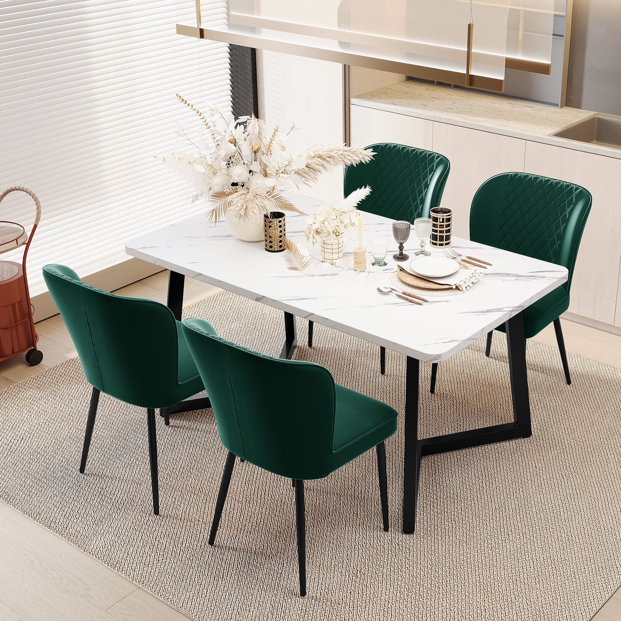 IDEASY Essgruppe 117×68×75cm Esstisch mit 4 Stühlen, Rückenlehne mit Rautenmuster, Polsterstuhl, MDF Tischplatte in Weißer,Schwarz Tischbeine