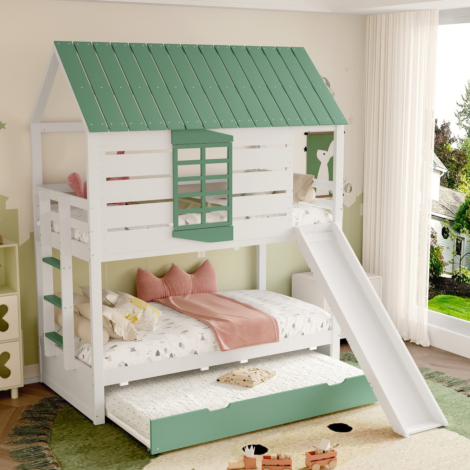 Merax Etagenbett Spielbett aus Kieferholz (1-St., 205.4 x 236.5 x 228.6 cm), Stockbett Kinderbett 90x200cm mit Ausziehbett, Rutsche und Leiter