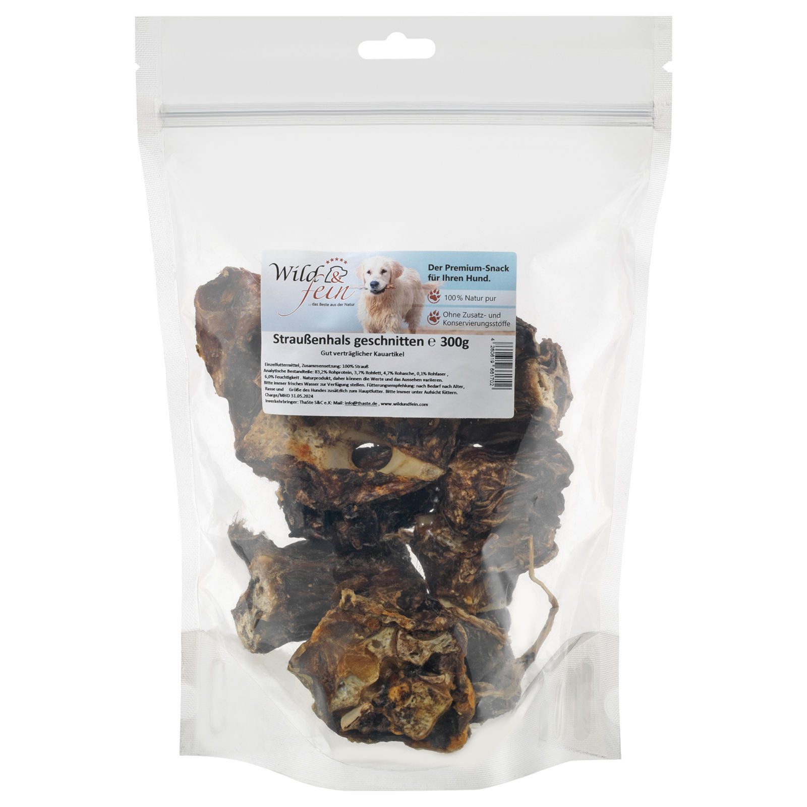 Wild & Fein Straußenhals, 300 g, fettarmer Kauartikel für Hunde, Snack für: Hund