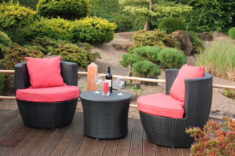 Garden Pleasure Balkonset, (Set, 3-tlg), 2 Sessel, Tisch Ø 58 cm,  Polyrattan, Teile sind platzsparend zusammenklappbar