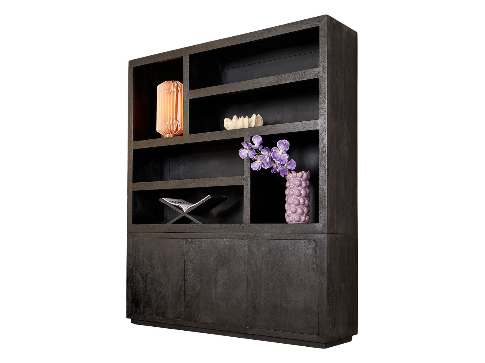 Villa Möbel Regal, Packung 1-tlg., aus Mangoholz tiefschwarz lackiert mit Fächern und grifflosen Türen
