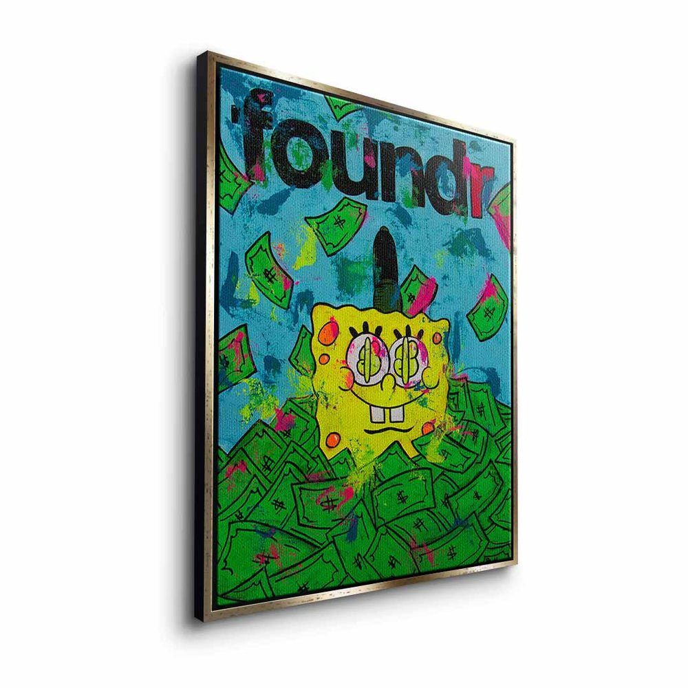 DOTCOMCANVAS® Leinwandbild, Leinwandbild Spongebob blau silberner premium mit grün Rahmen Geld Rahmen money