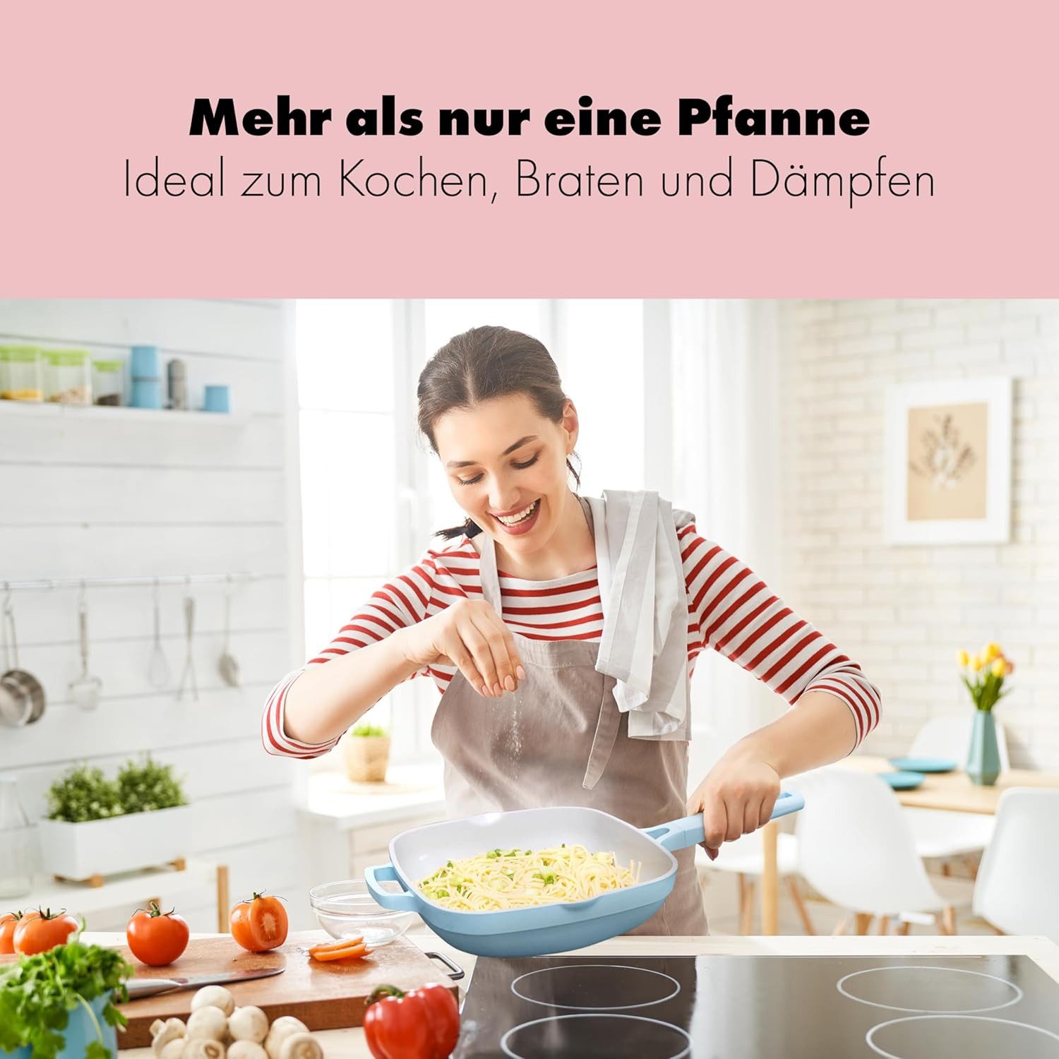 NEW KID Bratpfanne 28cm beschichtete Pfanne mit Deckel und Edelstahlsieb blau, Aluminium (3-tlg), Antihaftbeschichtung, Induktionsgeeignet