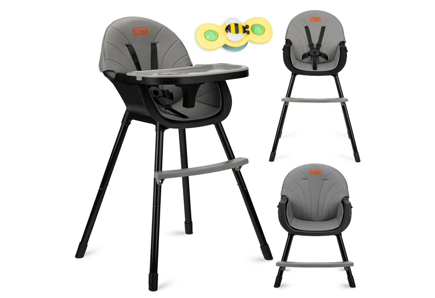 MoMi Hochstuhl REKI Evolutiver Baby Hochstuhl mit 2 Sitzpositionen, Grau, mitwachsend, Hochstuhl und niedriger Stuhl, Becherhalter