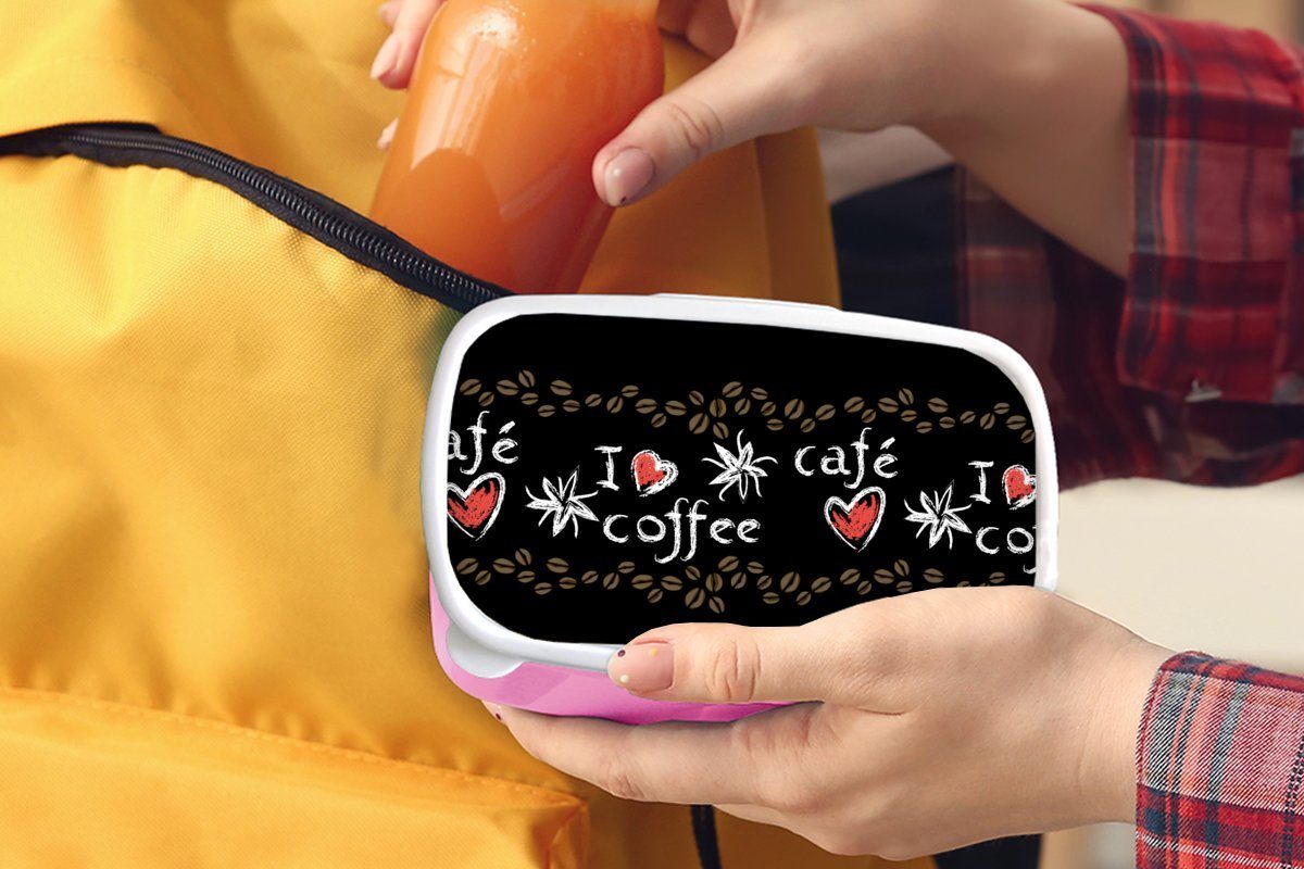 rosa Brotdose MuchoWow Kaffee Kunststoff - Lunchbox Muster - Mädchen, (2-tlg), Brotbox Kunststoff, Erwachsene, für Kinder, Liebe, Snackbox,
