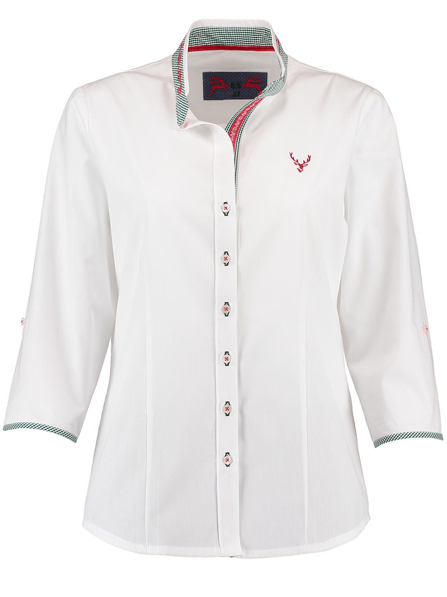 Moschen-Bayern Trachtenbluse Trachtenbluse Damen Bluse Damenbluse 3/4 Arm Hirsch Weiß-Grün Klassische Bluse, Damenbluse, Trachtenbluse, Stickerei, Bluse, Jeansbluse