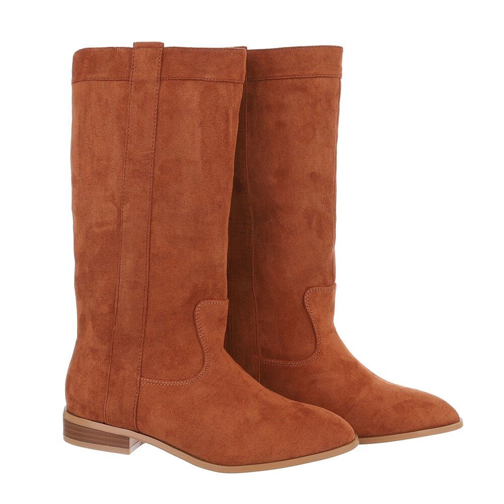 Ital-Design Damen Cowboyboots Western Westernstiefel Blockabsatz Flache Stiefel in Camel