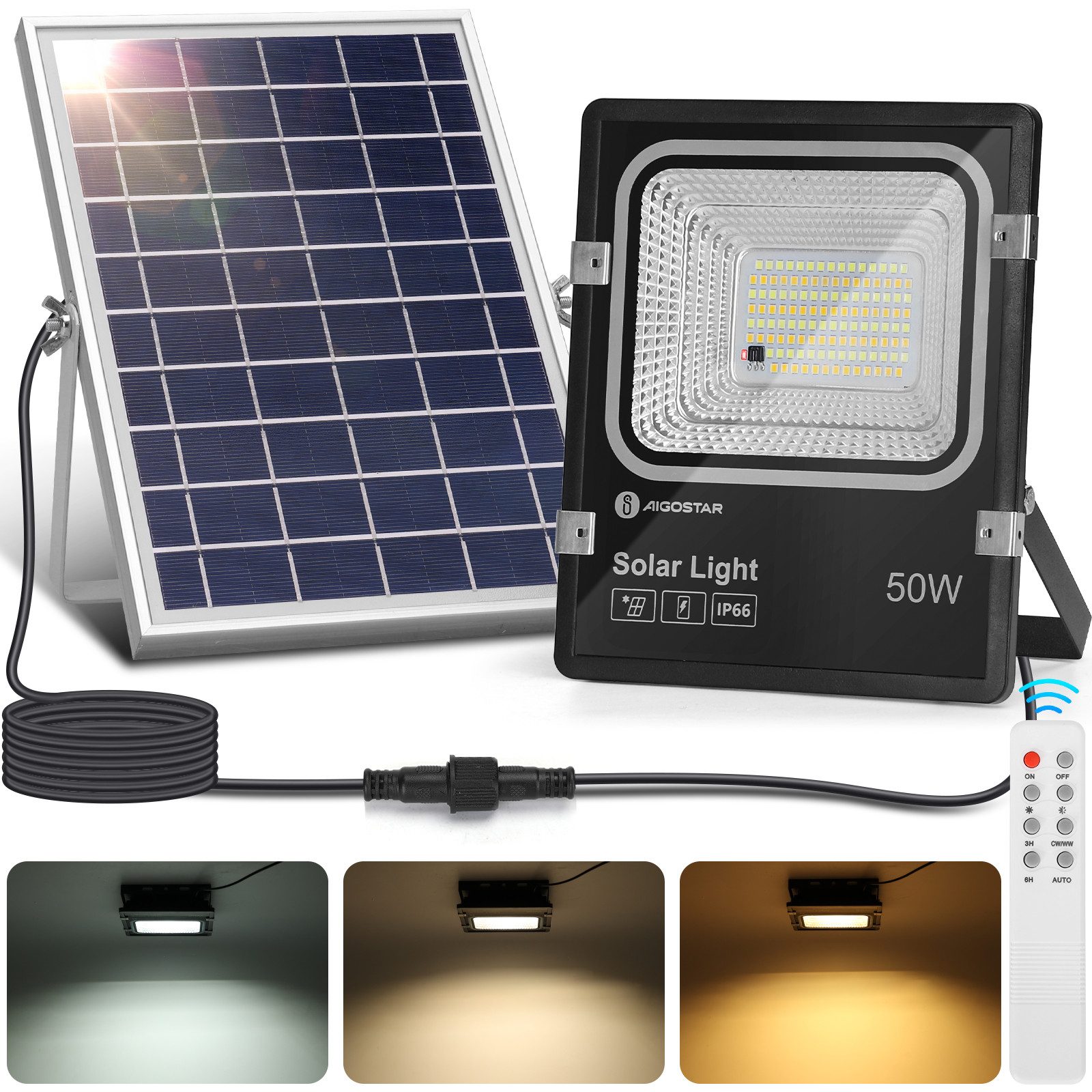 Aigostar Flutlichtstrahler Solar LED Strahler Außen,50W,Dimmbar 3000K/4500K günstig online kaufen