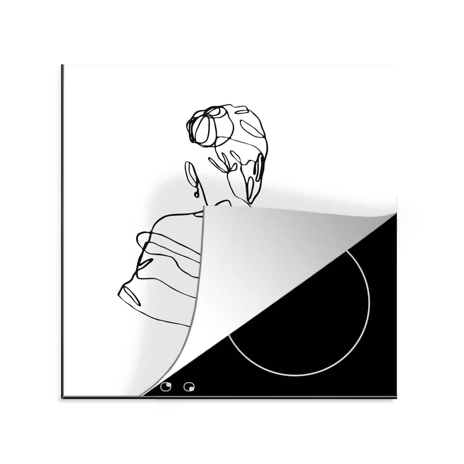 MuchoWow Herdblende-/Abdeckplatte Abstrakte Linienkunst einer Frau Kopf und Schultern Quadrat, Vinyl, (1 tlg), 78x78 cm, Ceranfeldabdeckung, Arbeitsplatte für küche
