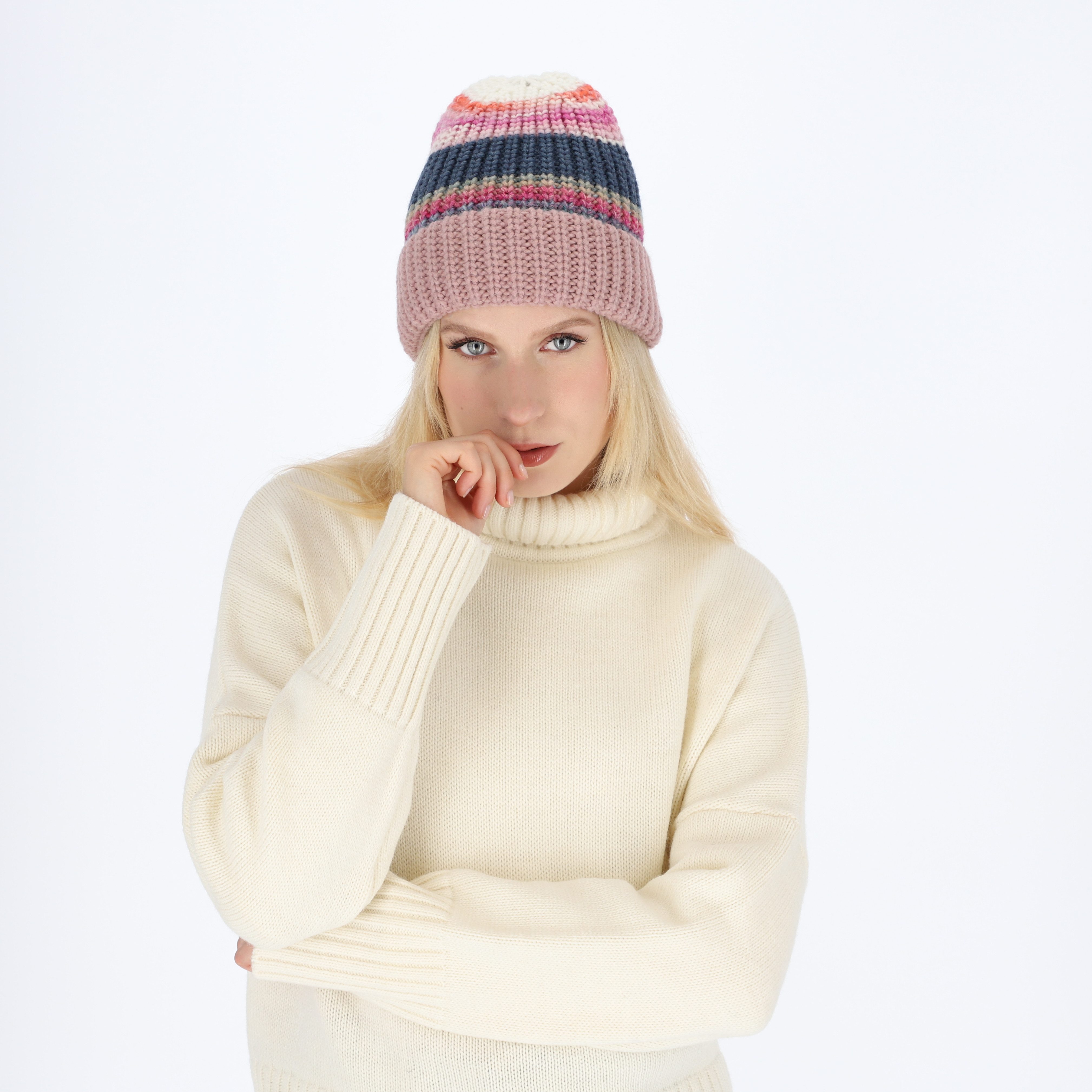 Strickmütze gestreift mit unifarbenen Umschlag