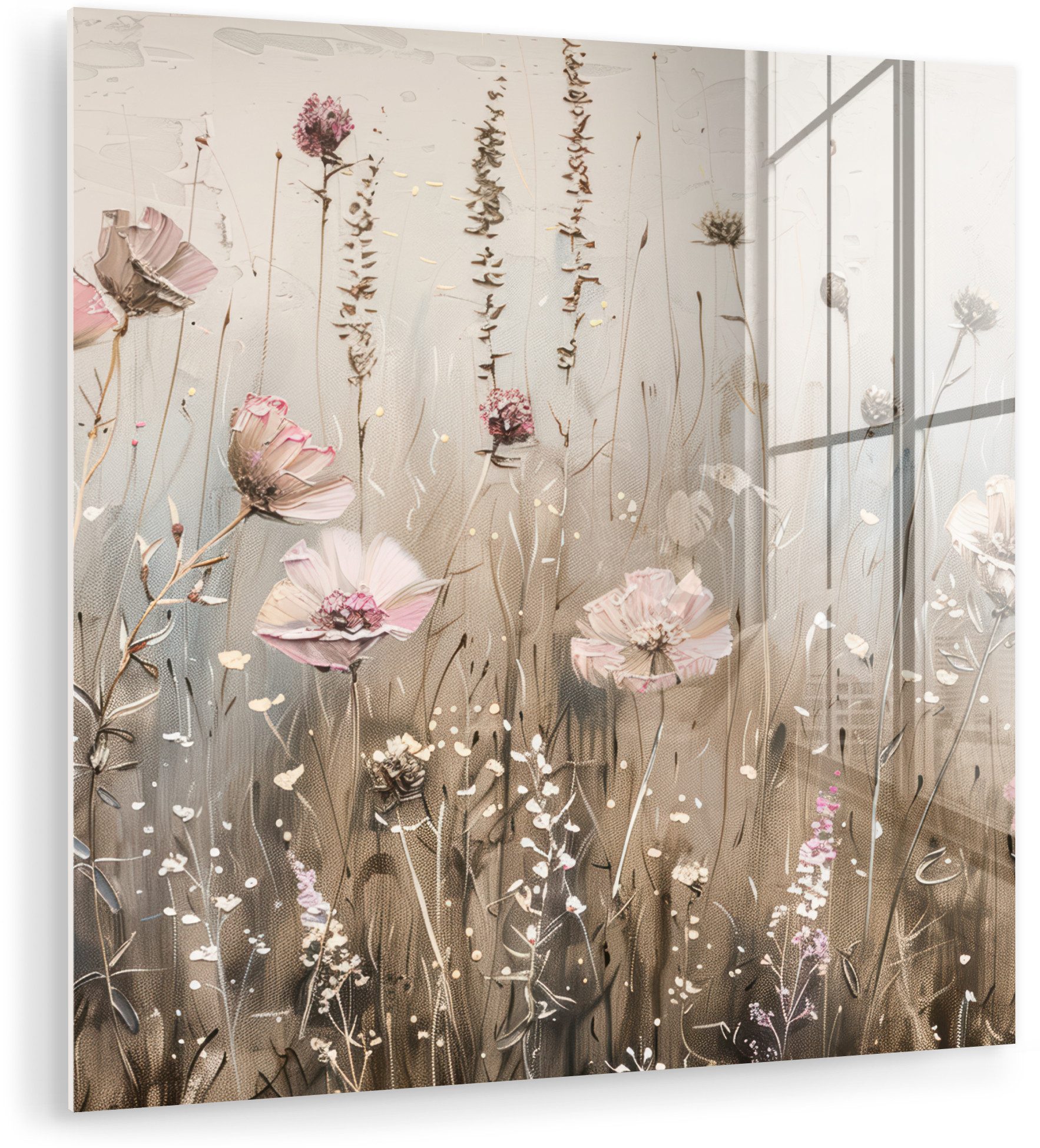 MuchoWow Acrylglasbild Blumen - Rosa - Modern - Beige, Inkl. Aufhängung, Bilder auf Glas Wandbild, Wanddeko Wohnzimmer Badezimmer, 20x20 cm