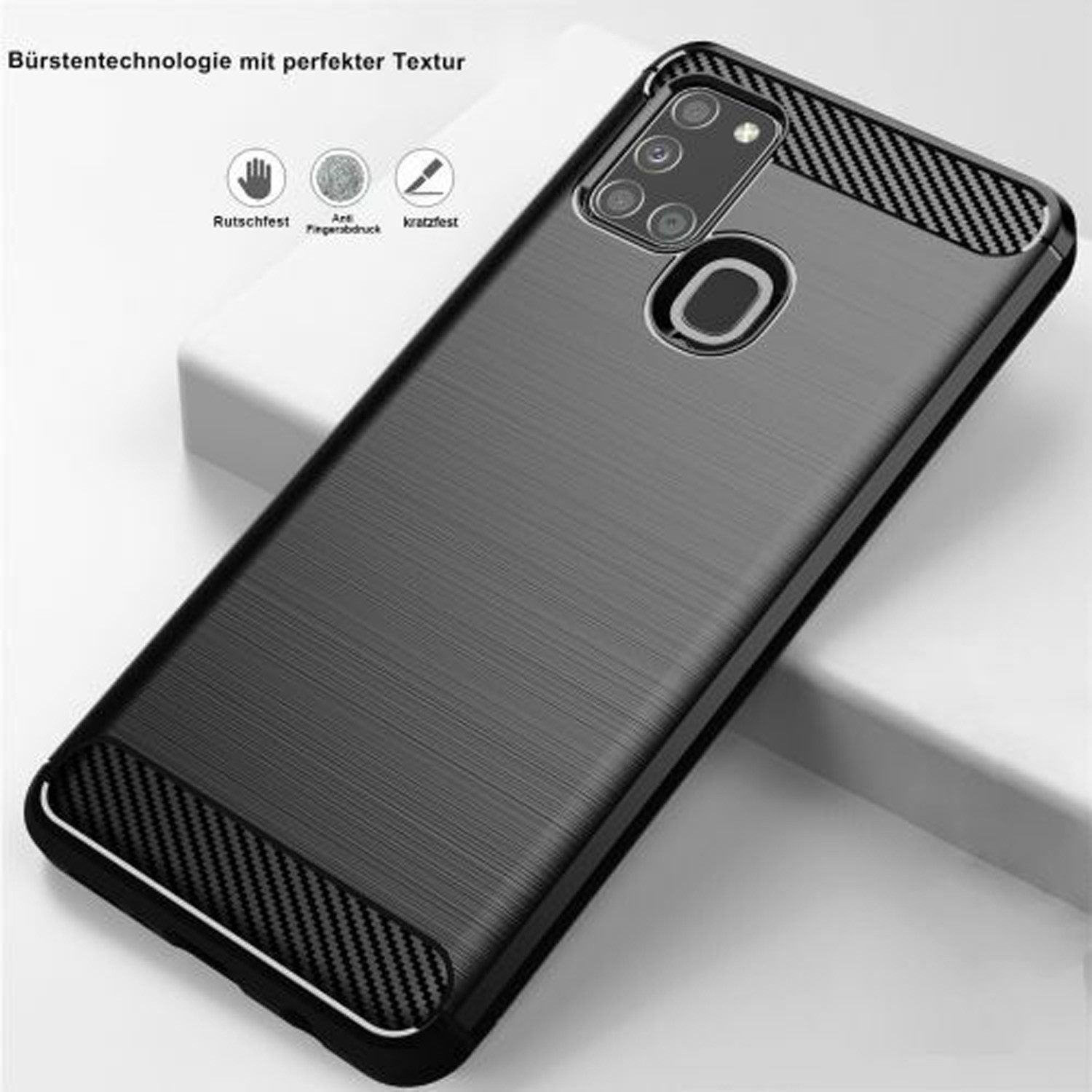 betterfon Handyhülle Carbon Hülle für Samsung Galaxy A21s Backcover TPU Silikon Schwarz, Carbon-Look – stoßfestes Case mit Air-Cushion & Metall-Optik