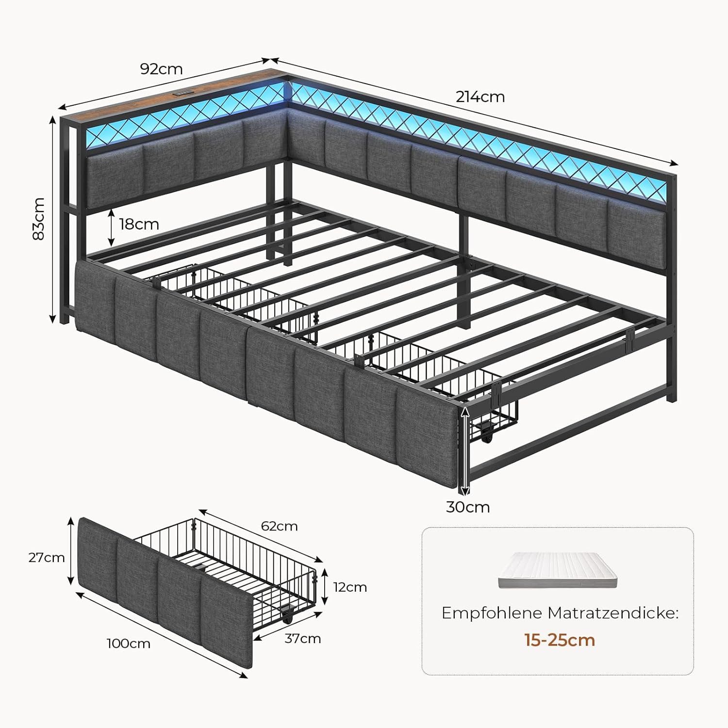MSMASK Polsterbett mit LED-Beleuchtung und USB-Steckdosen, 90x200cm (1-tlg. günstig online kaufen