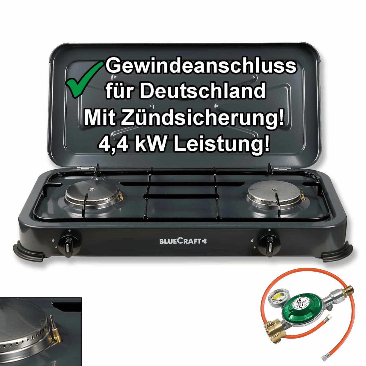BlueCraft Gaskocher 2 flammig mit Zündsicherung 50mbar Propan Gas Campingkocher 4,4 kW, (mit Schlauch 100 cm und Gas Regler Druckminderer mit Manometer), Camping Gas Kocher 2 flammen für Gasflasche Gasherd Gas-Kochfeld