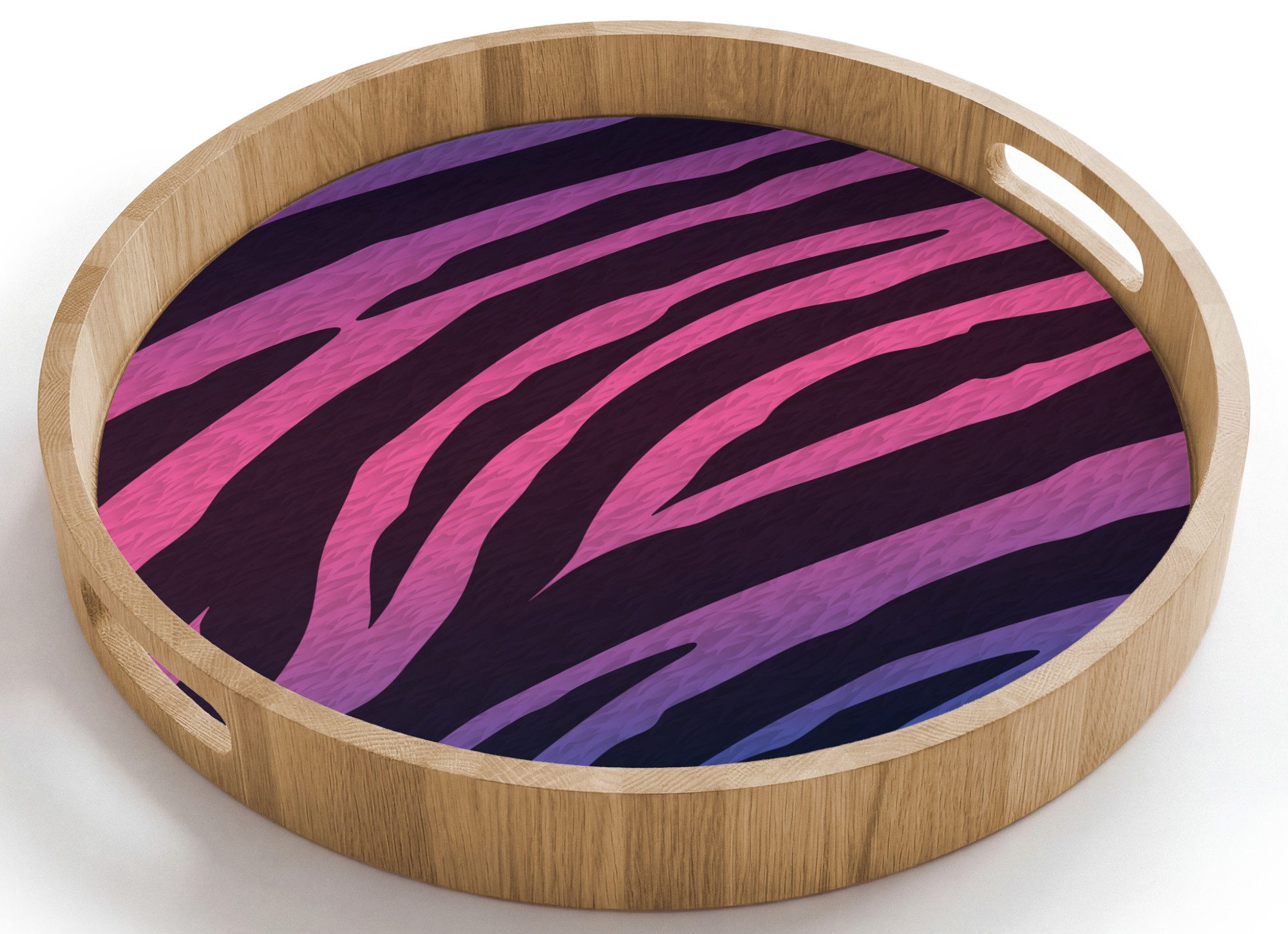 OnlyWow Tablett Rund mit Henkel Zebramuster - Rosa - Lila - Tiermuster, Eichenholz, (1-tlg), Siervierplatte, Tray, Frühstücksbrett