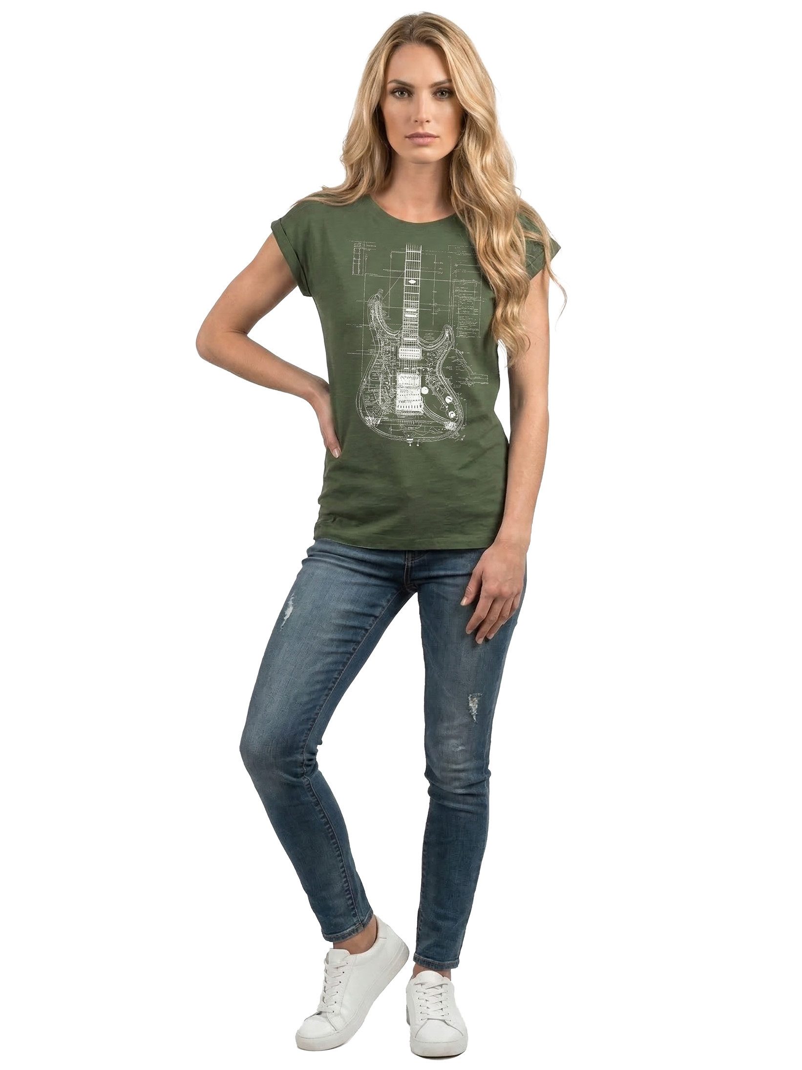 MAKAYA Print-Shirt Damen Gitarrenmotiv Gitarre Festival Outfit Rock Kurzarm Top (Schwarz, Blau, Grau, Grün, 34, 36, 38, 40, 42, 44, 46, 48, 50) große Größen