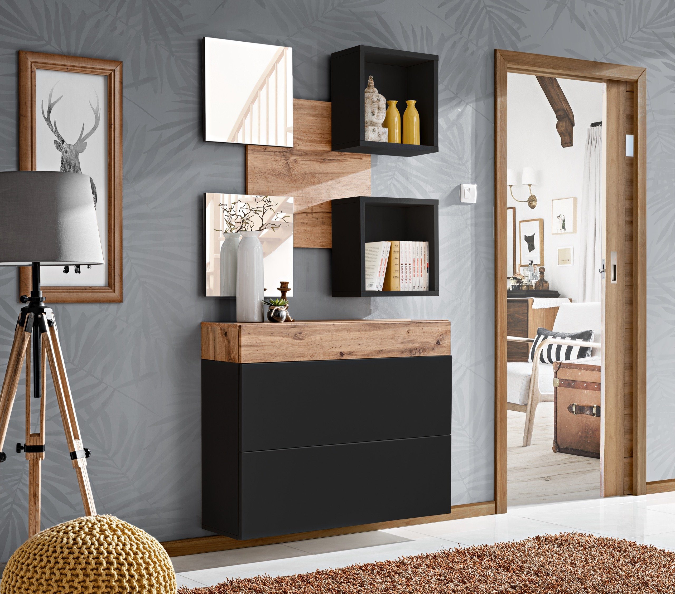 ASM-Moebel Wandgarderobe Flurgarderobe EASY V mit Spiegel und Push-Click System 2 Varianten, Mit Spiegel und Push-Click System