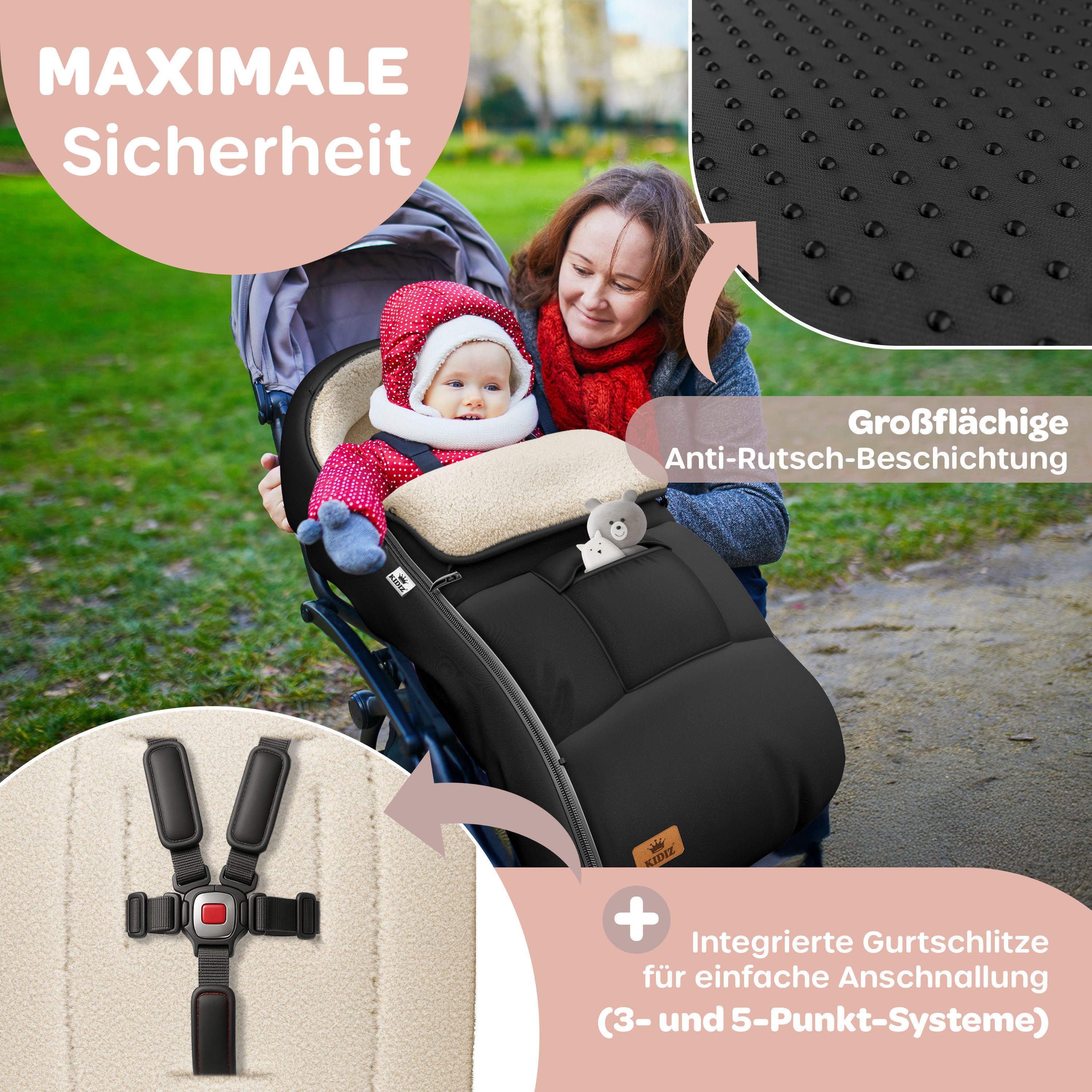 KIDIZ Fußsack Winterfußsack gefüttert, mit weichem Fleece gefüttert, für Kinderwagen, Autositz & Buggys – Bild 3 von 5