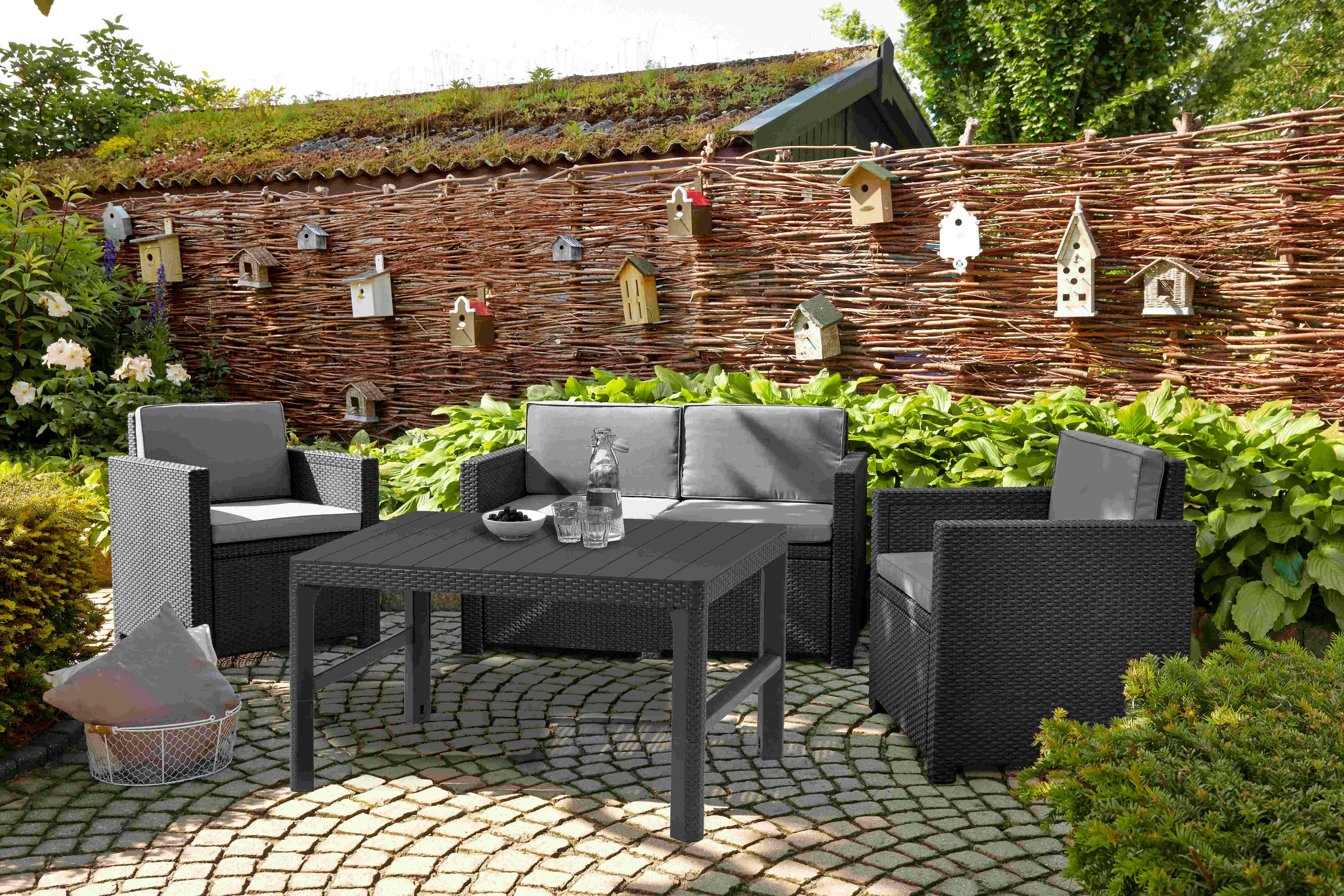 Allibert Loungeset Allibert Victoria Lounge Set mit Lyon Tisch inkl.  Schutzhülle anthrazit - Rattanoptik, wetterfest, Outdoor, Gartenmöbel,  Balkon