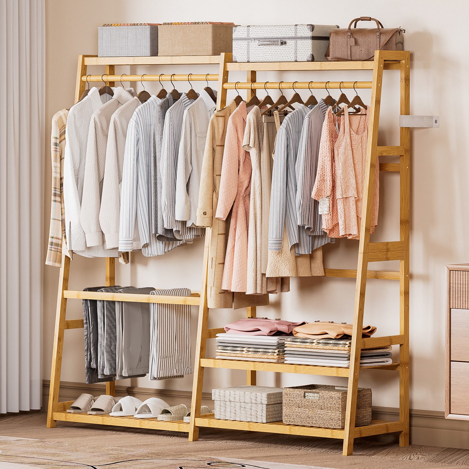 Yorbay Kleiderständer mit Ablage, Garderobenständer aus Bambu Multifunctional, Kleiderständer für Flur, Wohnzimmer, Schlafzimmer