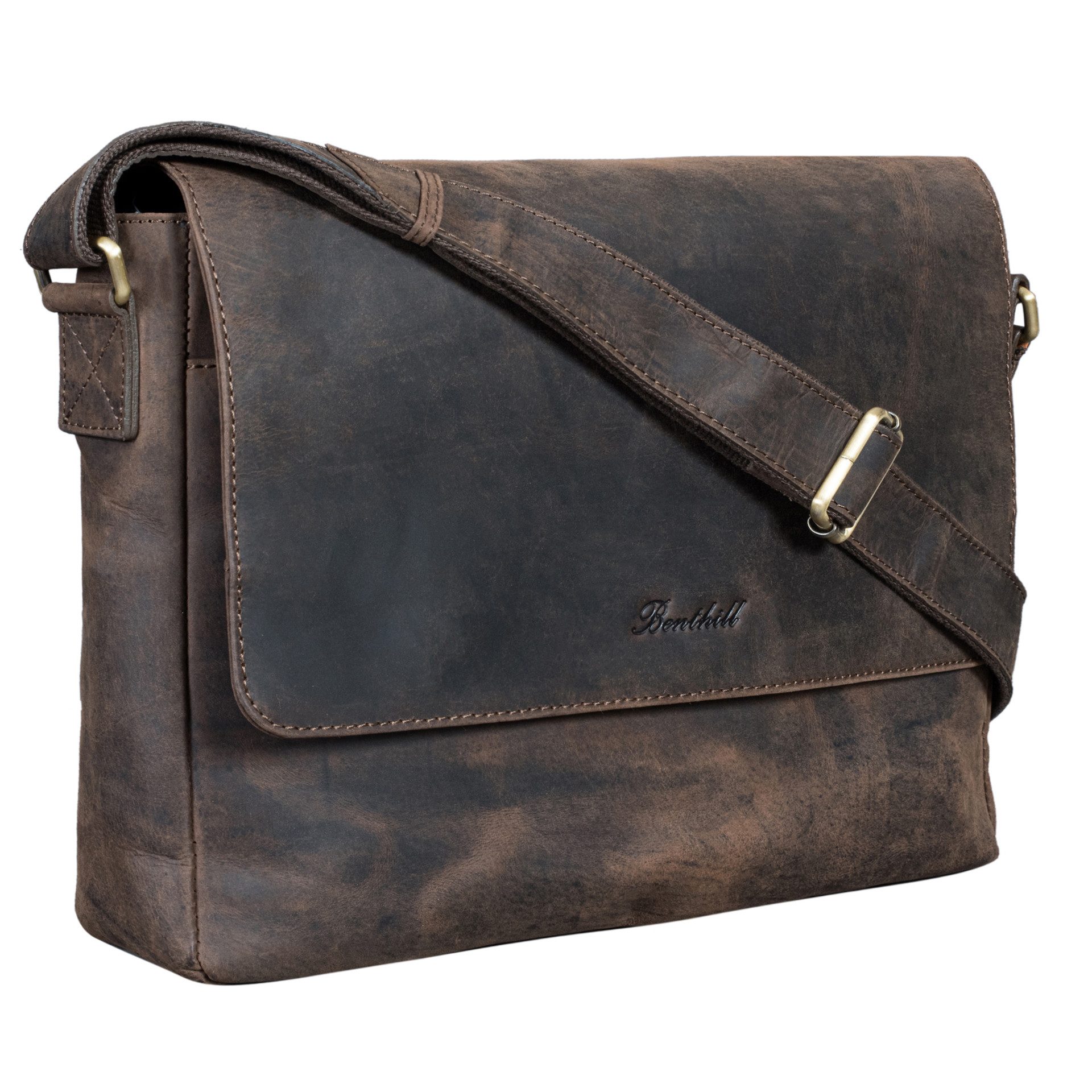 Benthill Messenger Bag Herren Umhängetasche Echt Leder Messenger Laptop Schultertasche Damen, Reißverschlussfach