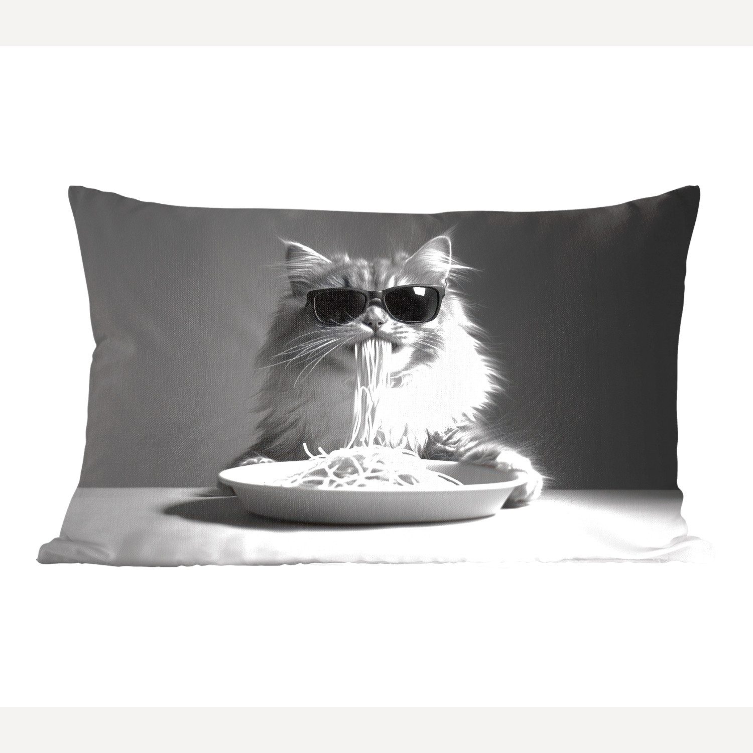 MuchoWow Dekokissen Langhaarkatze - Sonnenbrille - Spaghetti - Humor - Schwarz - Weiß, Dekoration, Zierkissen, Kissen mit Füllung, 50x30 cm