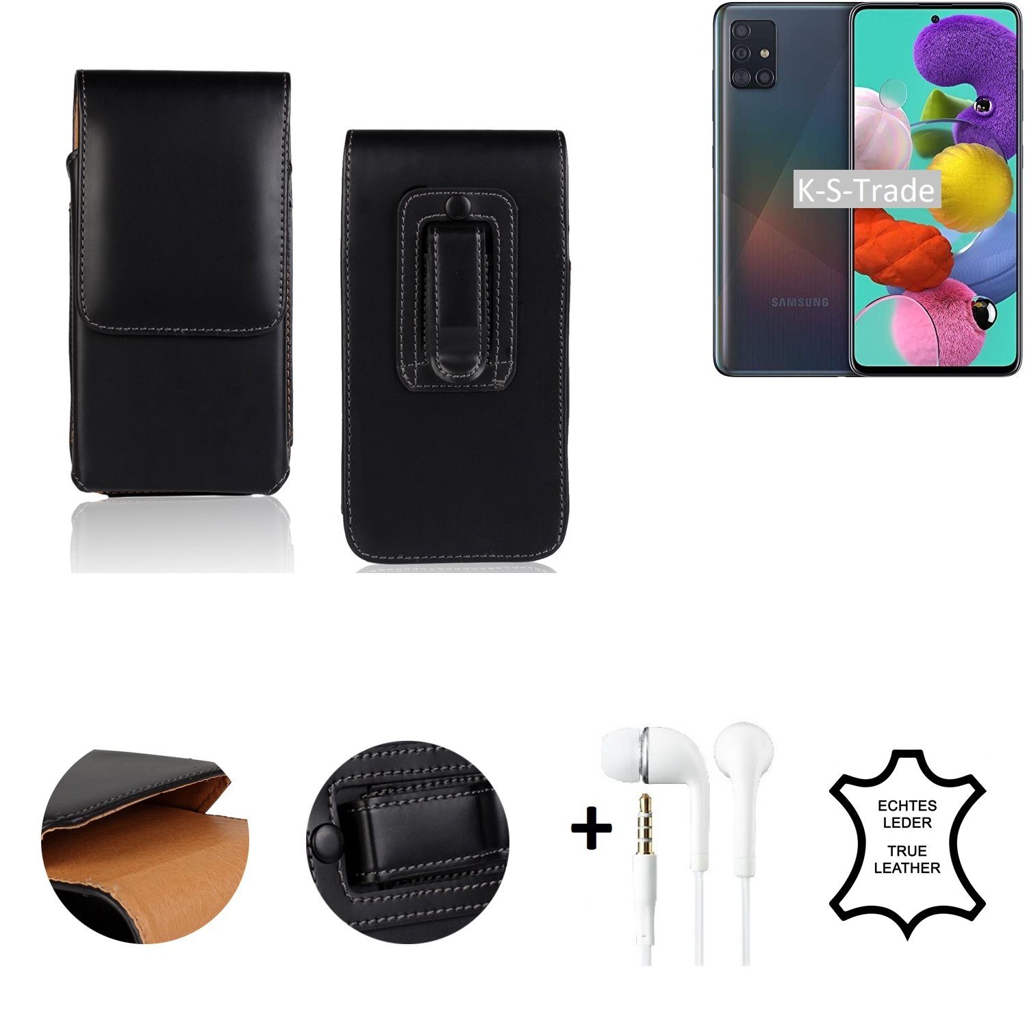 K-S-Trade Handyhülle, Leder Gürteltasche + Kopfhörer kompatibel mit Samsung  Galaxy A51 Seitentasche Belt pouch Holster Handyhülle Schutz Hülle Etui  schwarz 1x