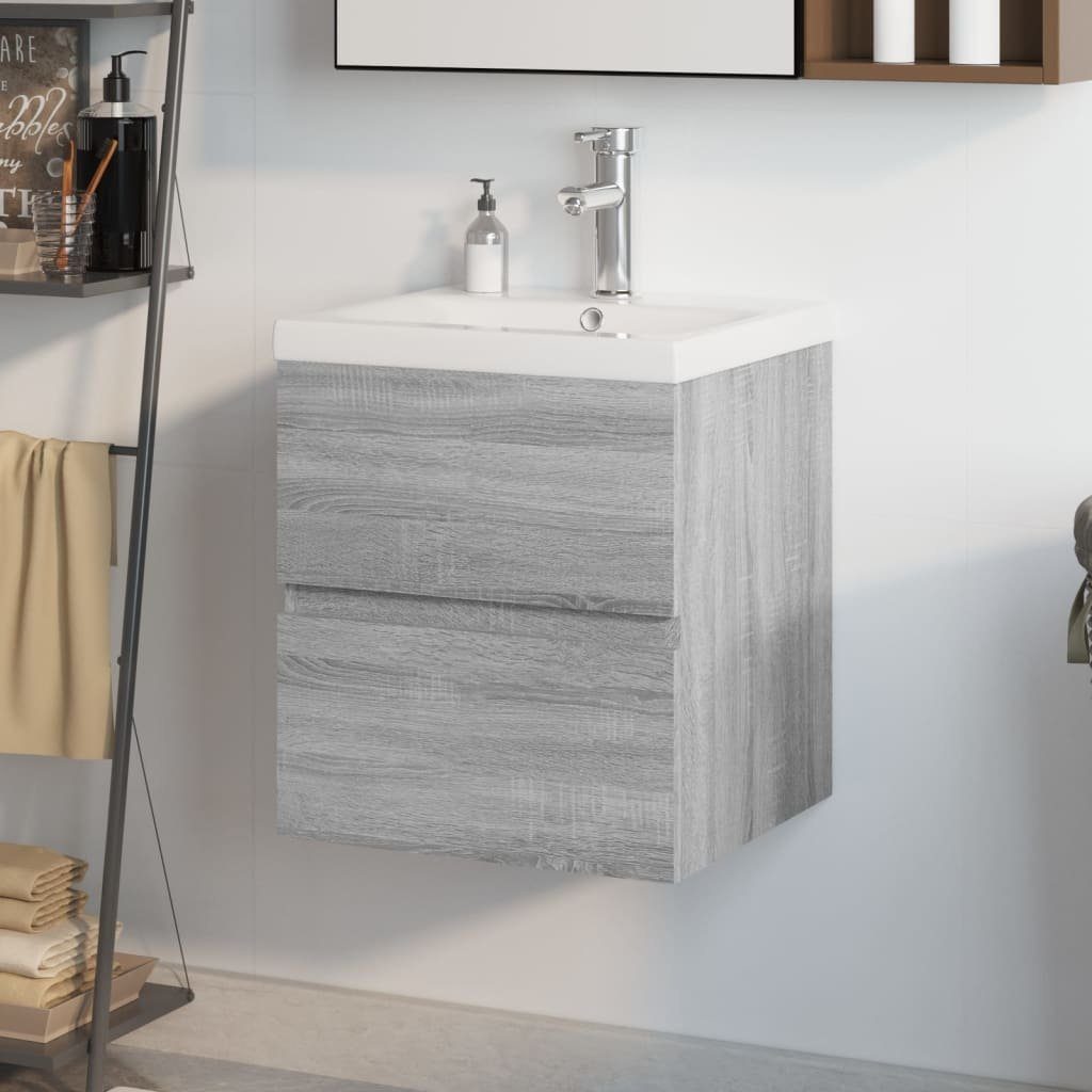 vidaXL Badezimmerspiegelschrank Waschbeckenschrank mit Einbaubecken Grau (1-St) Holzwerkstoff Sonoma
