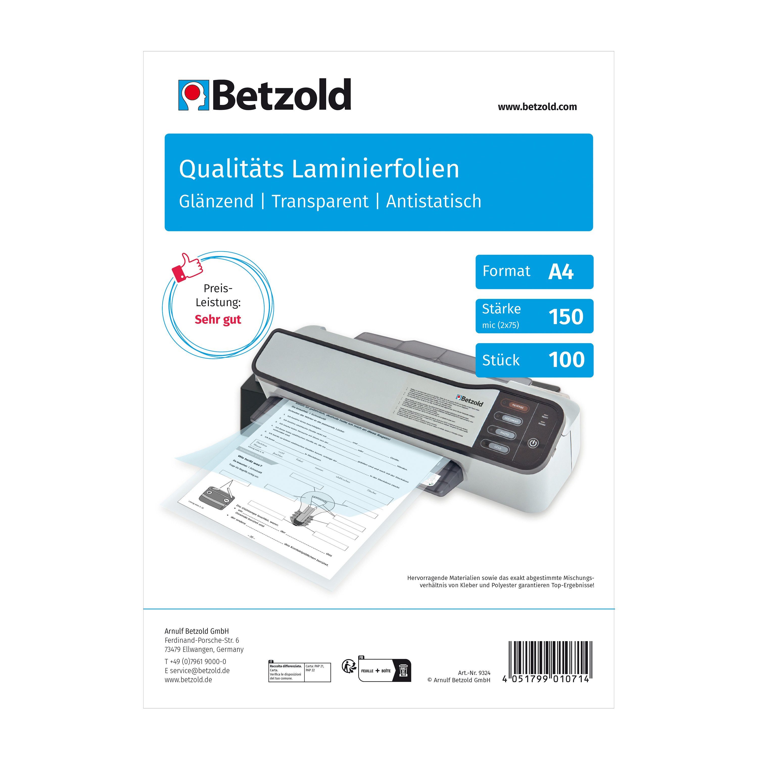Betzold Schutzfolie Laminierfolien DIN A4, 100 Stück – Schutzfolien Dokumente