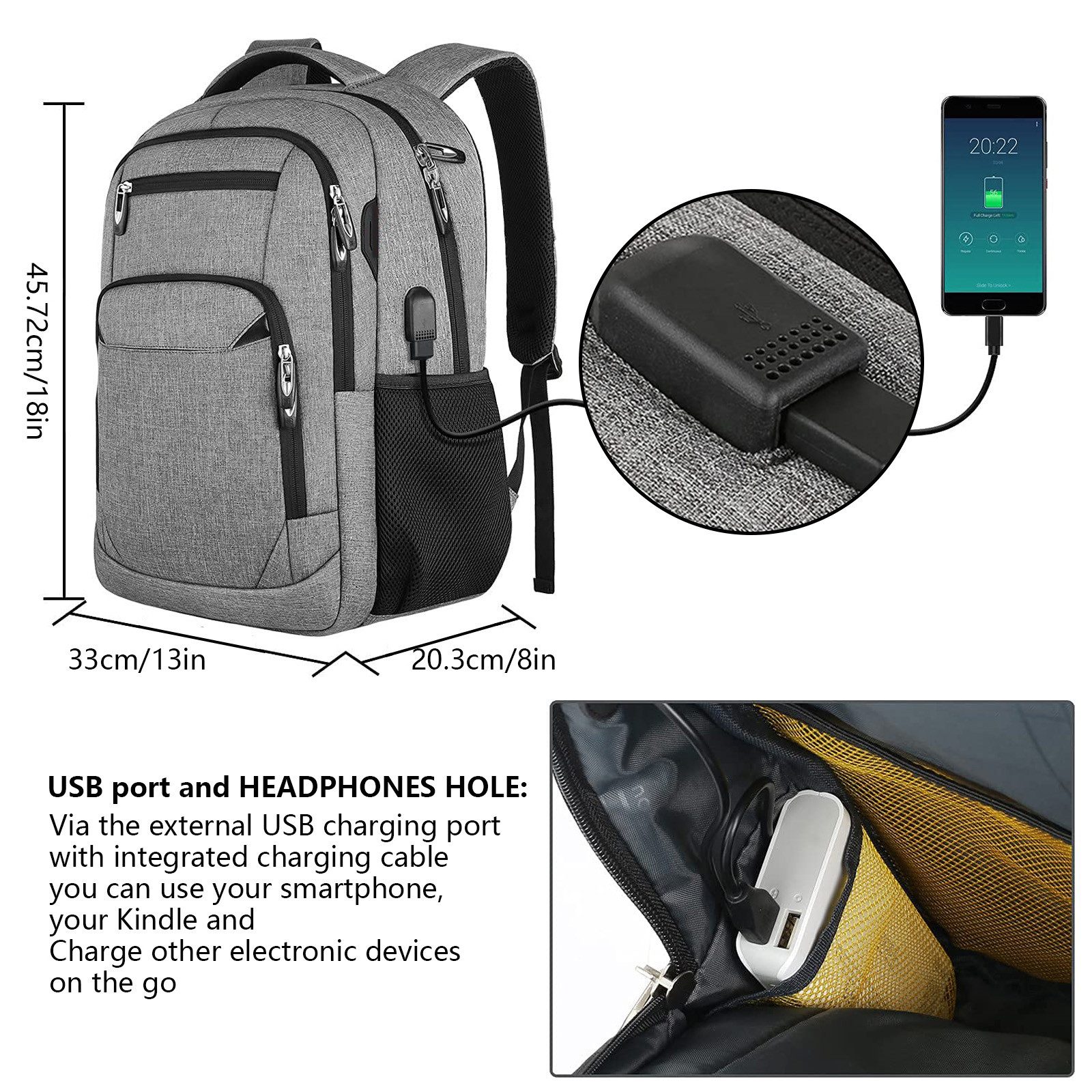 REDOM Laptoprucksack Laptop Rucksack Rucksäcke Schulrucksack Wasserbeständig Laptoptasche (Laptop Notebook Tasche Schule Uni Rucksack, 1-tlg., Anti-Diebstahl, Backpack mit Laptopfach, Sportrucksack, mit USB-Anschluss), fur Herren Damen Jungen Teenager Freizeit Arbeit Business Reisen