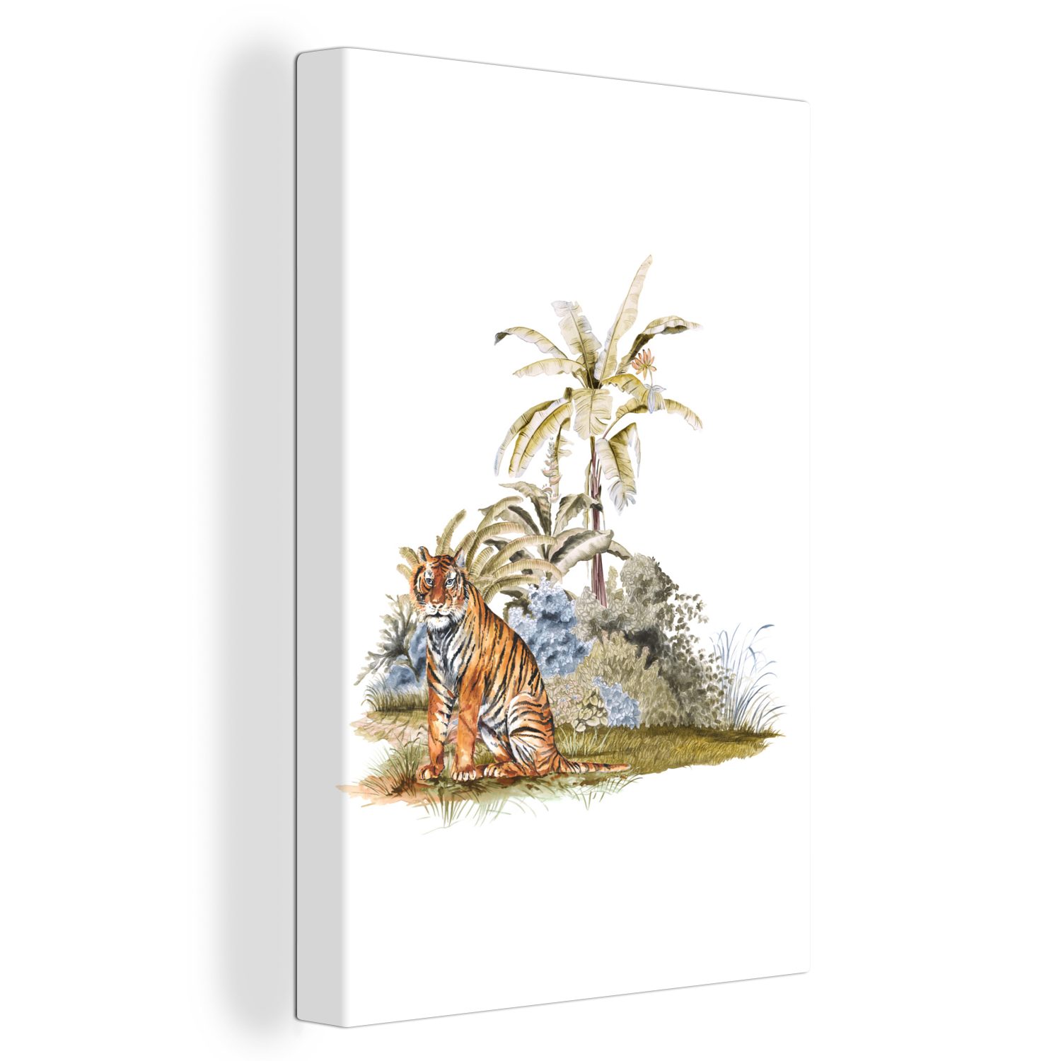 OneMillionCanvasses® Leinwandbild Tiger - Pflanzen - Weiß, (1 St), Leinwandbild fertig bespannt inkl. Zackenaufhänger, Gemälde, 20x30 cm
