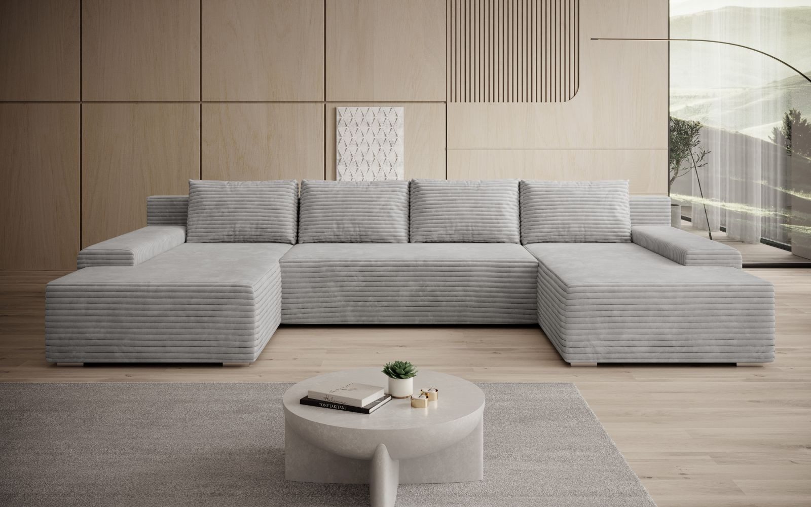 Lukas Möbel Wohnlandschaft Wohnlandschaft Luca mit Schlaffunktion und Bettkasten in Cord Stoff