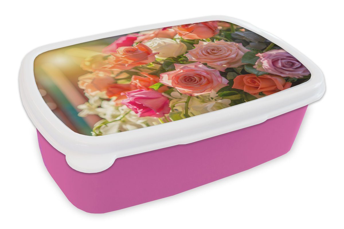 MuchoWow Lunchbox Rosen - Strauß - Farben, Kunststoff, (2-tlg), Brotbox für Erwachsene, Brotdose Kinder, Snackbox, Mädchen, Kunststoff rosa