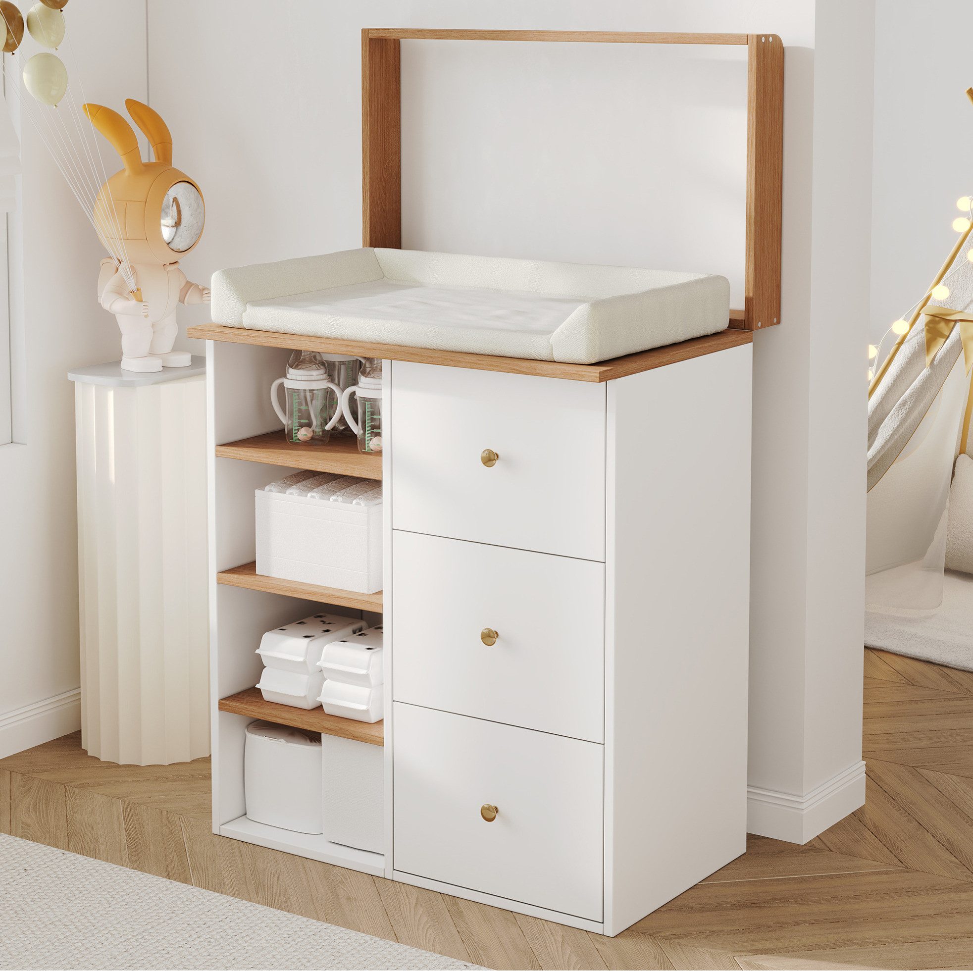 MODFU Wickelkommode Kompakter Wickeltisch – 82×50×100 cm mit Stauraum & Geländer, abnehmbarer Aufsatz, Schubladen, Weiß+Natur