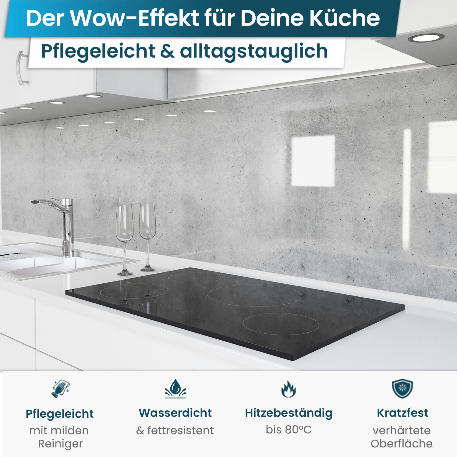 danario Küchenrückwand Folie selbstklebend, Glasoptik, Spritzschutz Küche, ablösbar - 0,8 mm