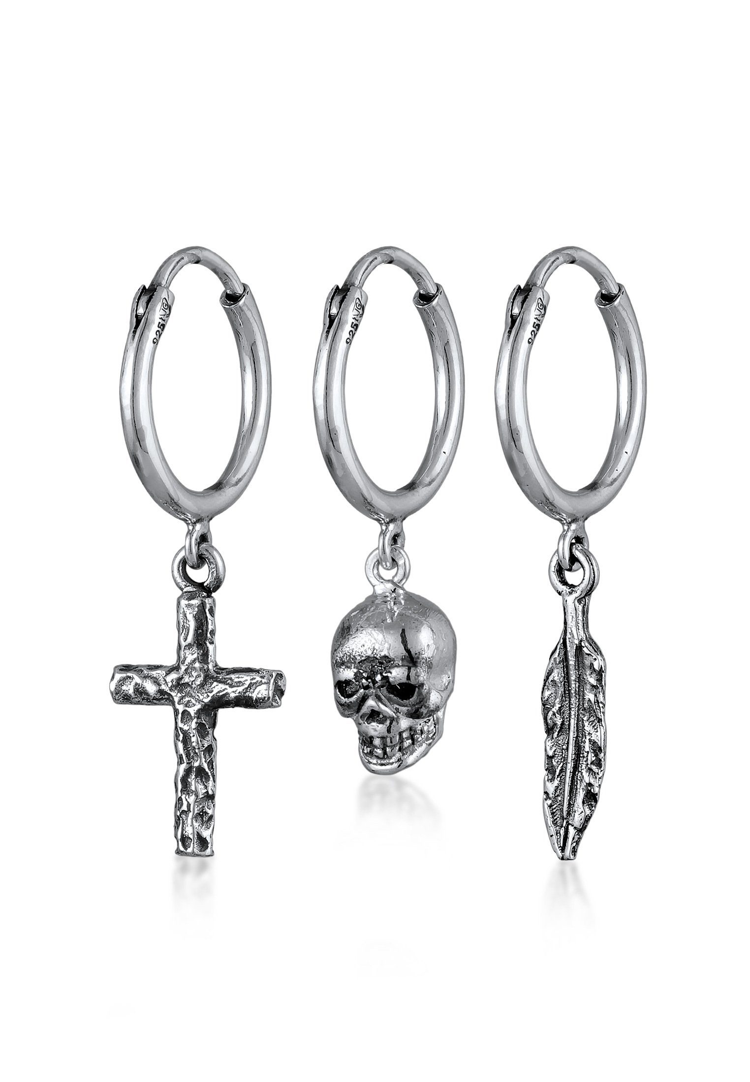 Paar Creolen Totenkopf Creolen Kreuz Set Silber, Kuzzoi Feder 925 Feder