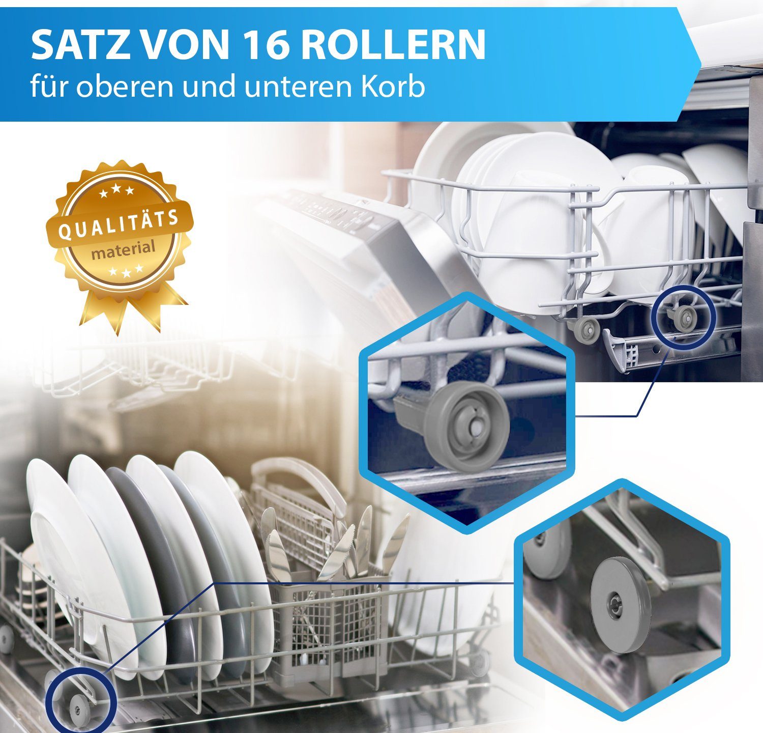 VIOKS Montagezubehör Geschirrspüler 16x Korbrolle wie Electrolux 50286965004 / 5028696700